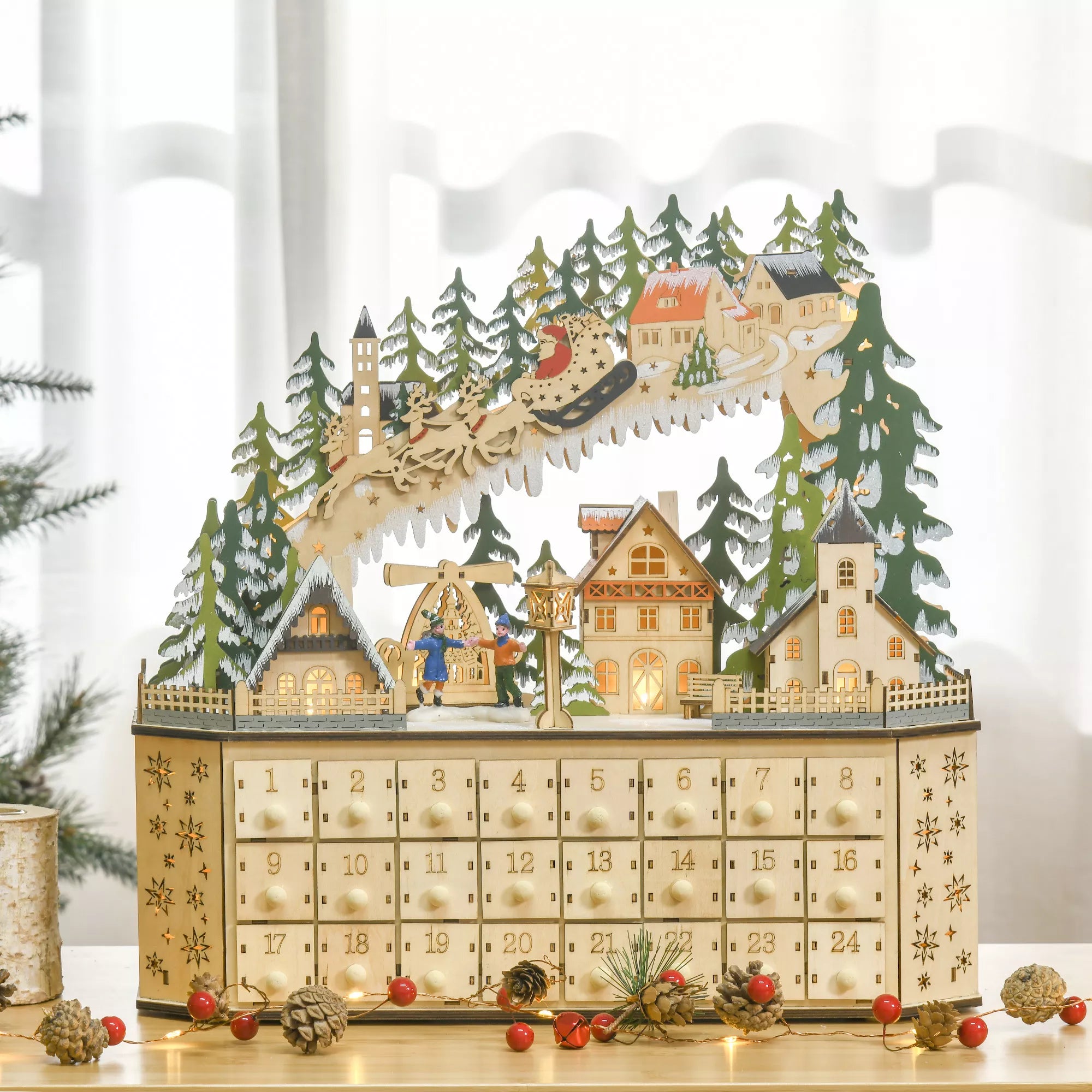 Advento kalendorius Kalėdinė puošmena, 24 stalčiukai, LED lemputės, 39 cm x 9 cm x 42 cm, Balta + Žalia