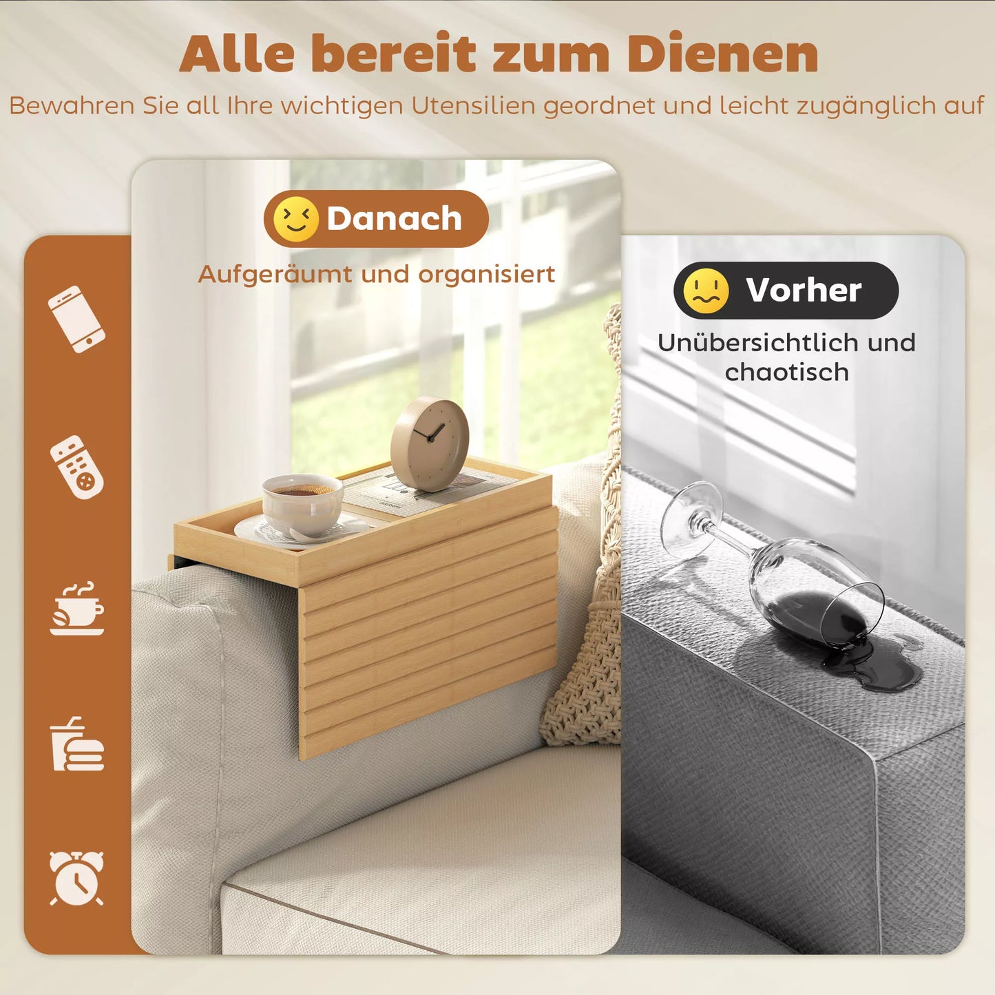 Pagalvėlė su atlošais sofoms, gėrimams, užkandžiams, nuotolinio valdymo pultui, bambuko mediena