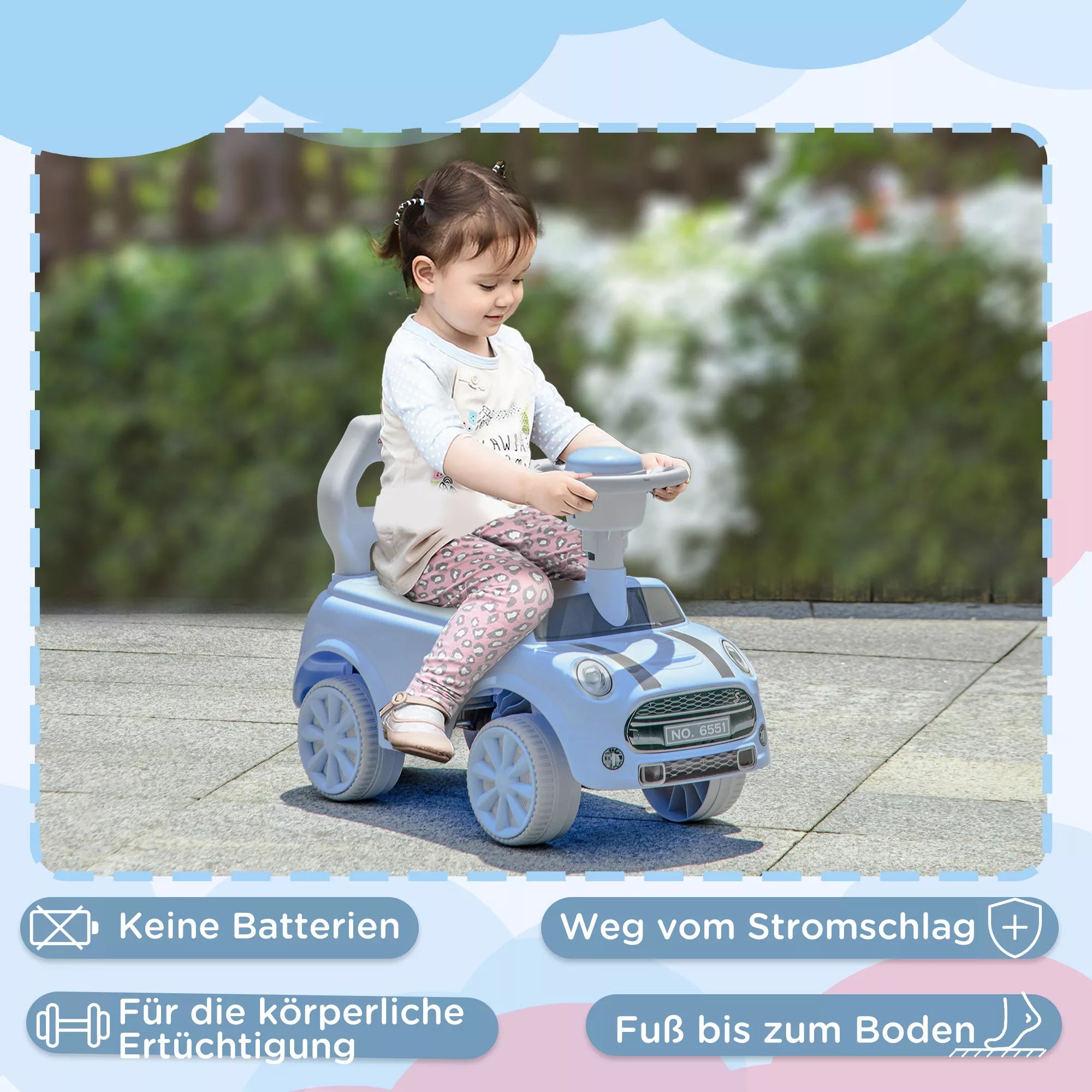 Paspiriamas automobilis vaikams nuo 18 mėn., iki 25 kg, šviesiai mėlynas