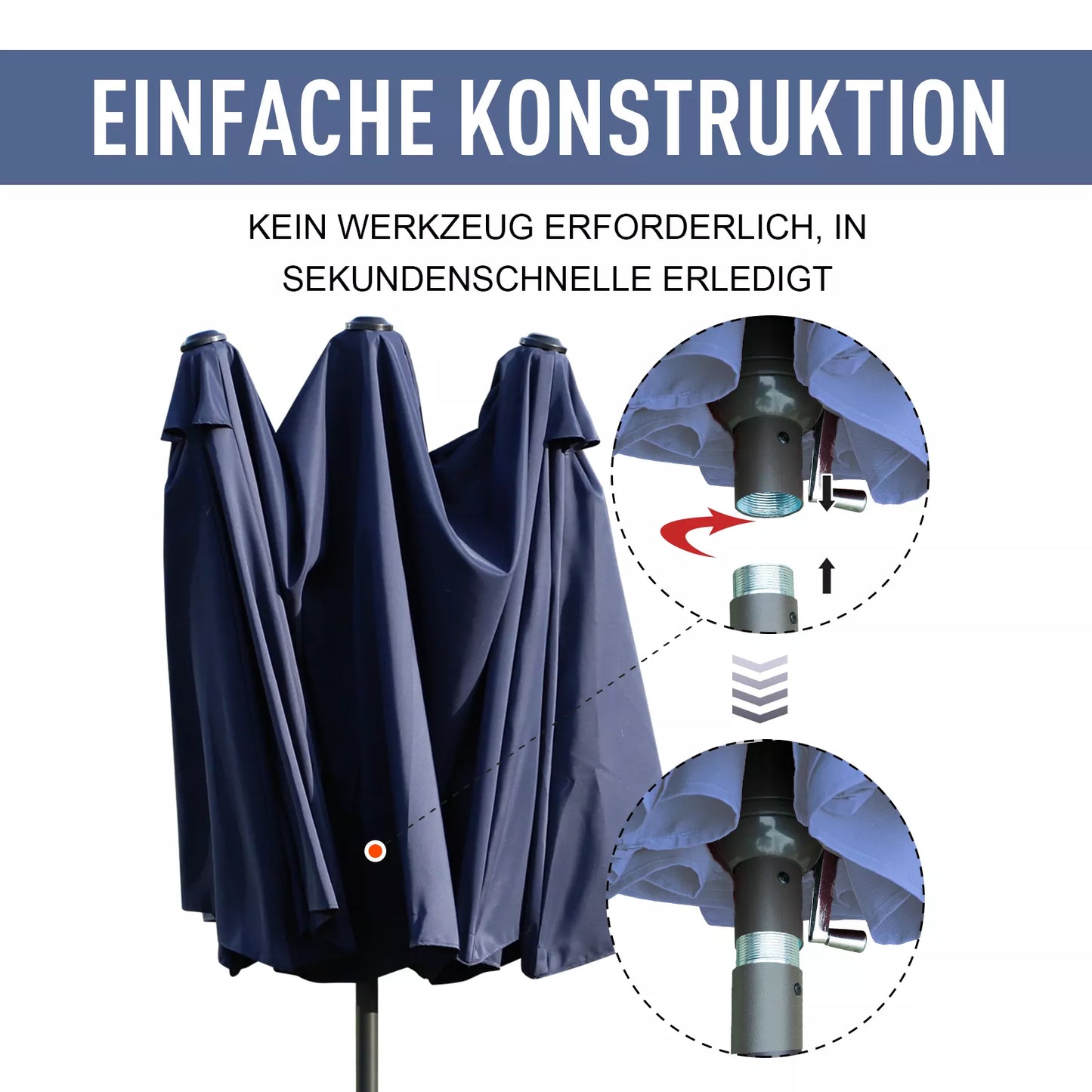 Dvipusis skėtis nuo saulės 455 x 270 cm, sodo skėtis su rankena, ovalus, tvirtas metalinis stiebas, turgavietės skėtis, terasos skėtis, apsauga nuo saulės paplūdimiui, balkonui, terasai, sodui, mėlynas