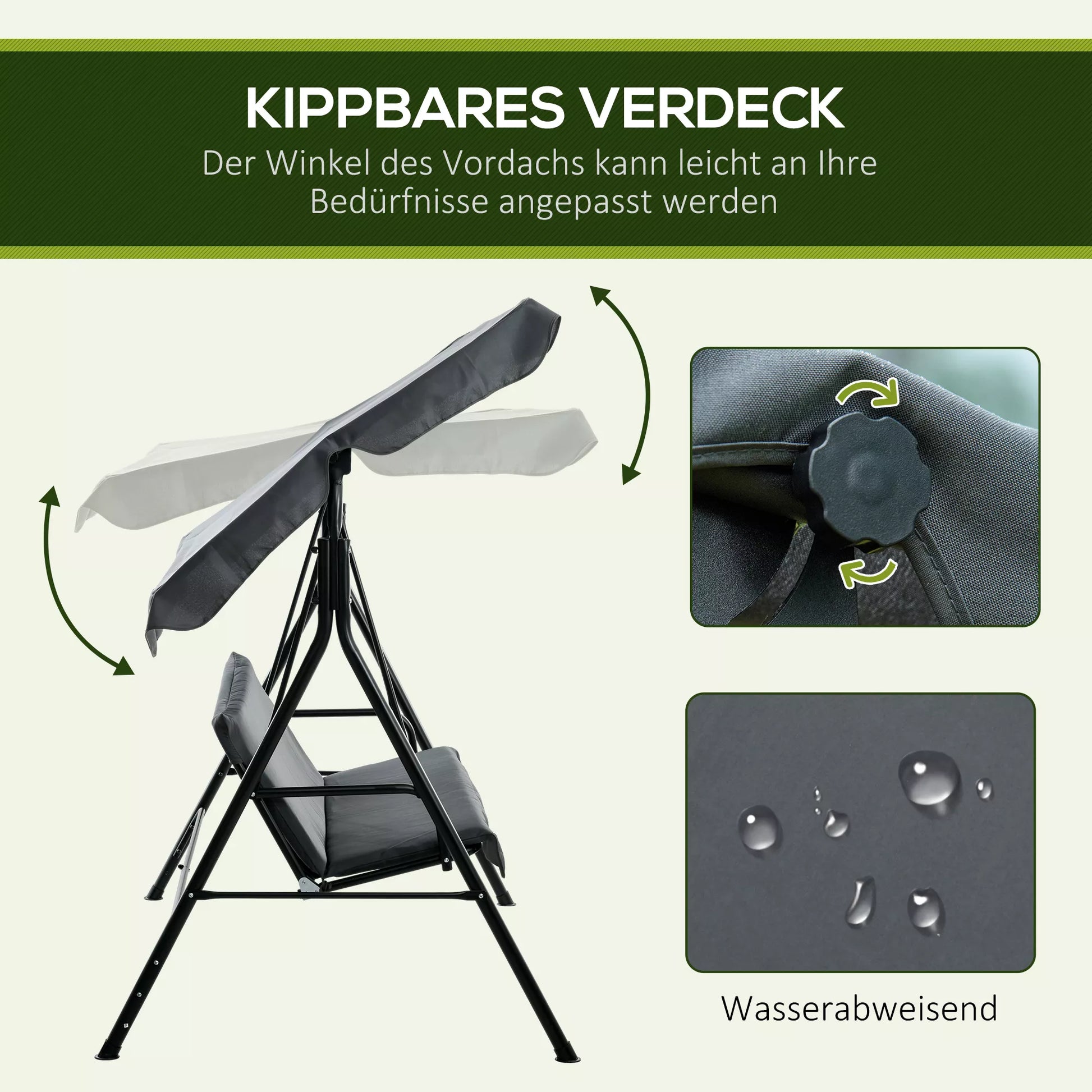 Holivudo sūpynės, sodo sūpynės, 3 vietų sūpynės su stogu, plienas, 172 x 110 x 153 cm, pilkos spalvos