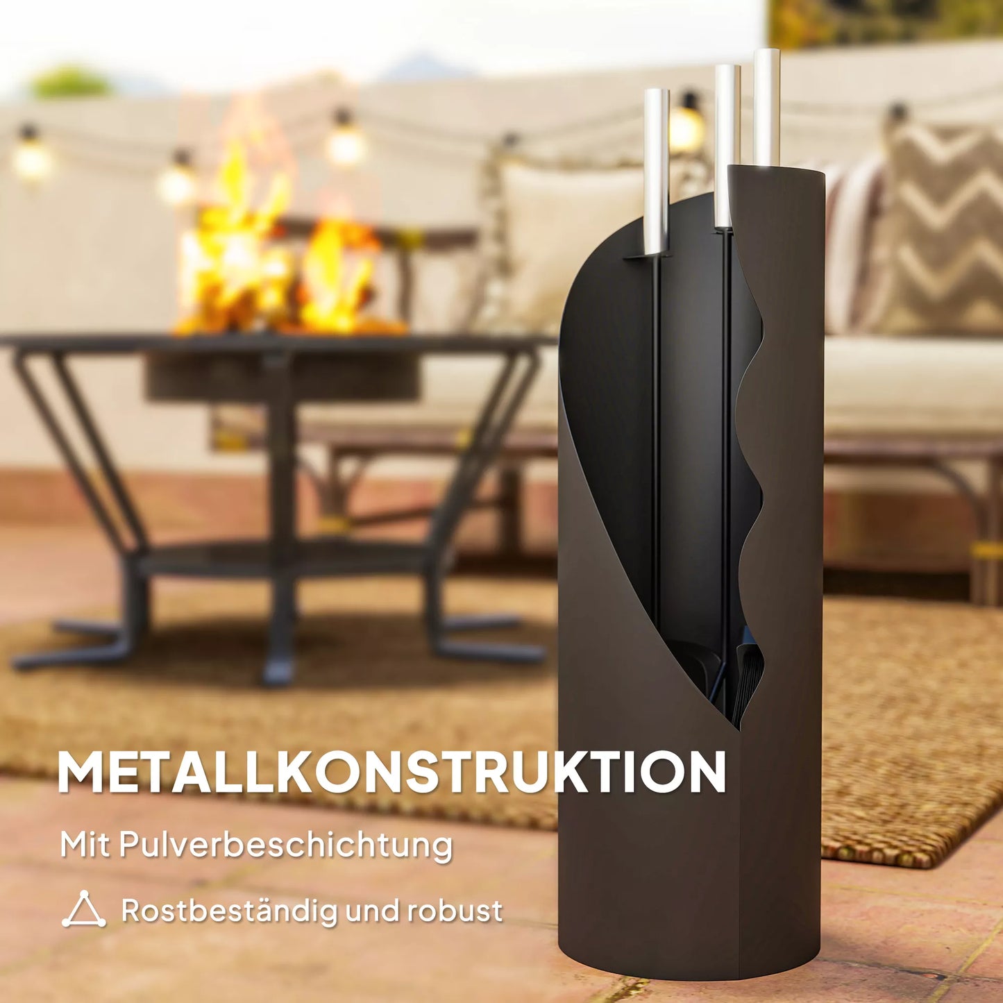 4 dalių židinio įrankių komplektas su šluota, semtuvėliu, pakūrio iečiu ir krepšiu, židinio reikmenys, metalas, juodas