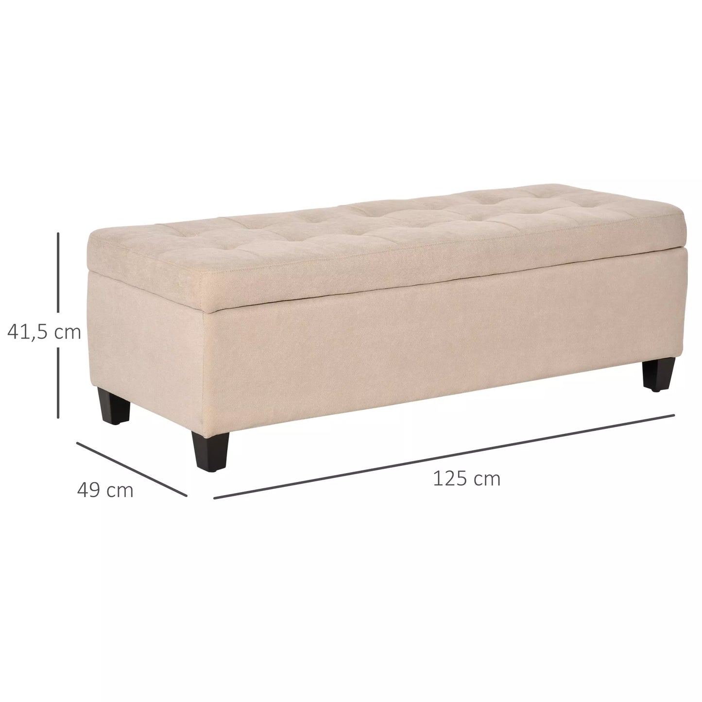 Apmuštas suoliukas su daiktadėže, sagčių apdaila, iki 120 kg, 125 x 49 x 41,5 cm, smėlio spalvos