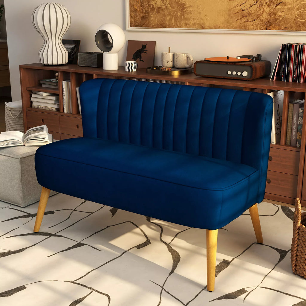 Sofos Retrodesign 2-vietė sofa, medinės kojos, 117 cm x 56,5 cm x 77 cm, mėlyna
