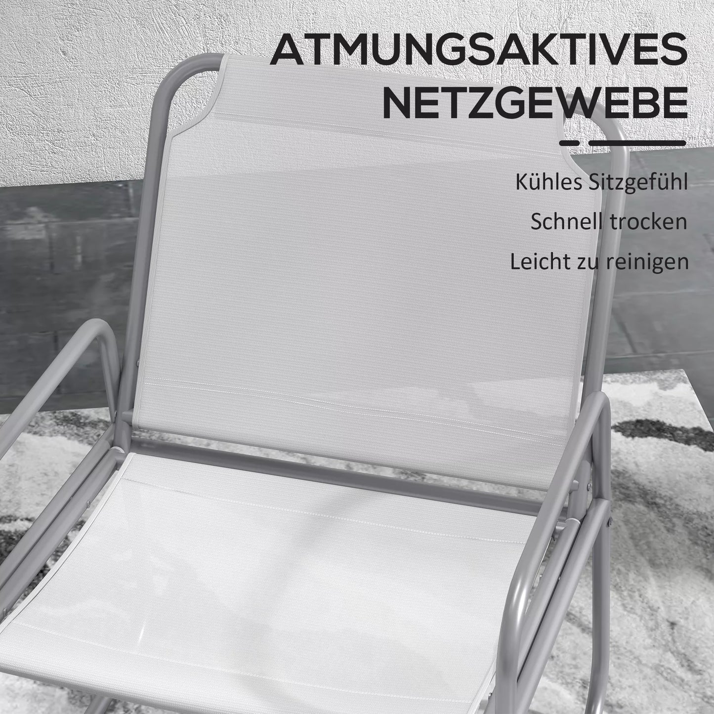 3 dalių sodo baldų komplektas, 2 kėdės su kvėpuojančiu audinio užvalkalu, 1 apvalus stalas Ø60 cm, šviesiai pilkos spalvos.