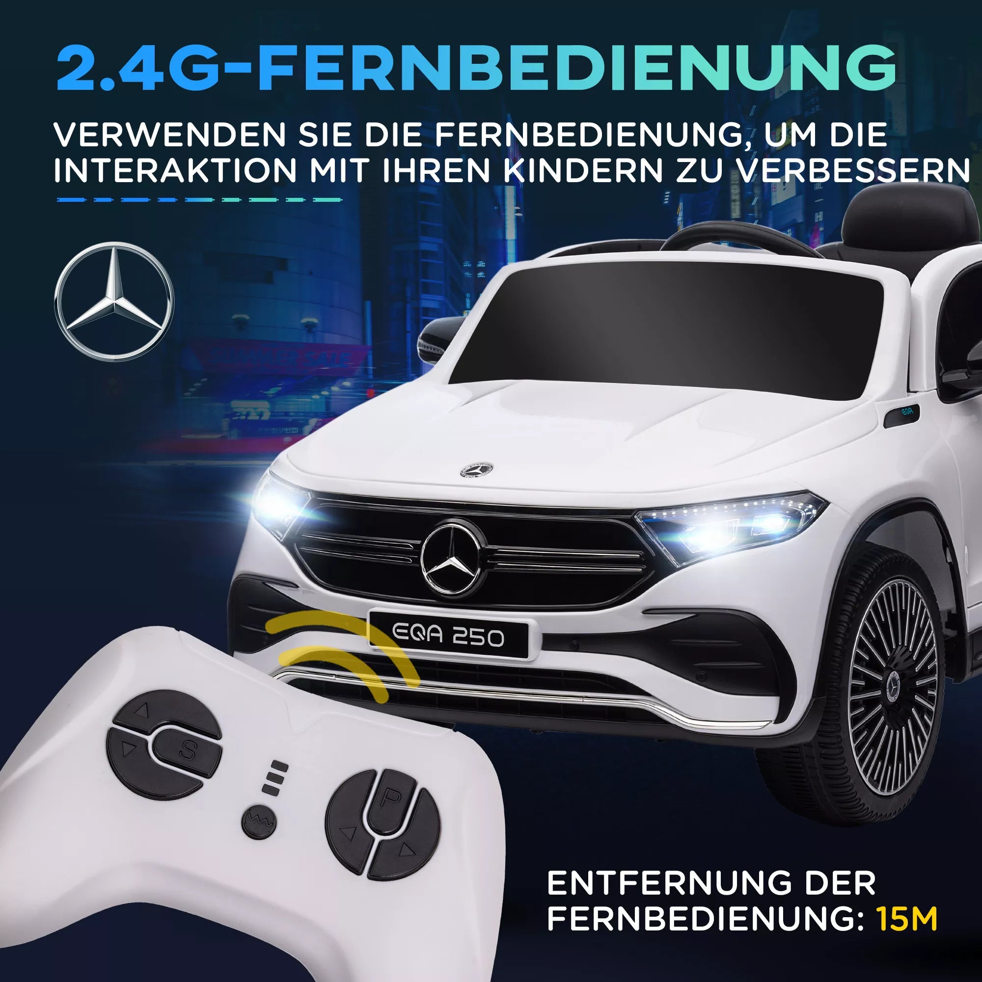 Elektrinis vaikų automobilis, licencijuotas „Mercedes-Benz EQA“, 3–8 km/h, muzika, žibintai, signalas, nuotolinis valdymas, baltas
