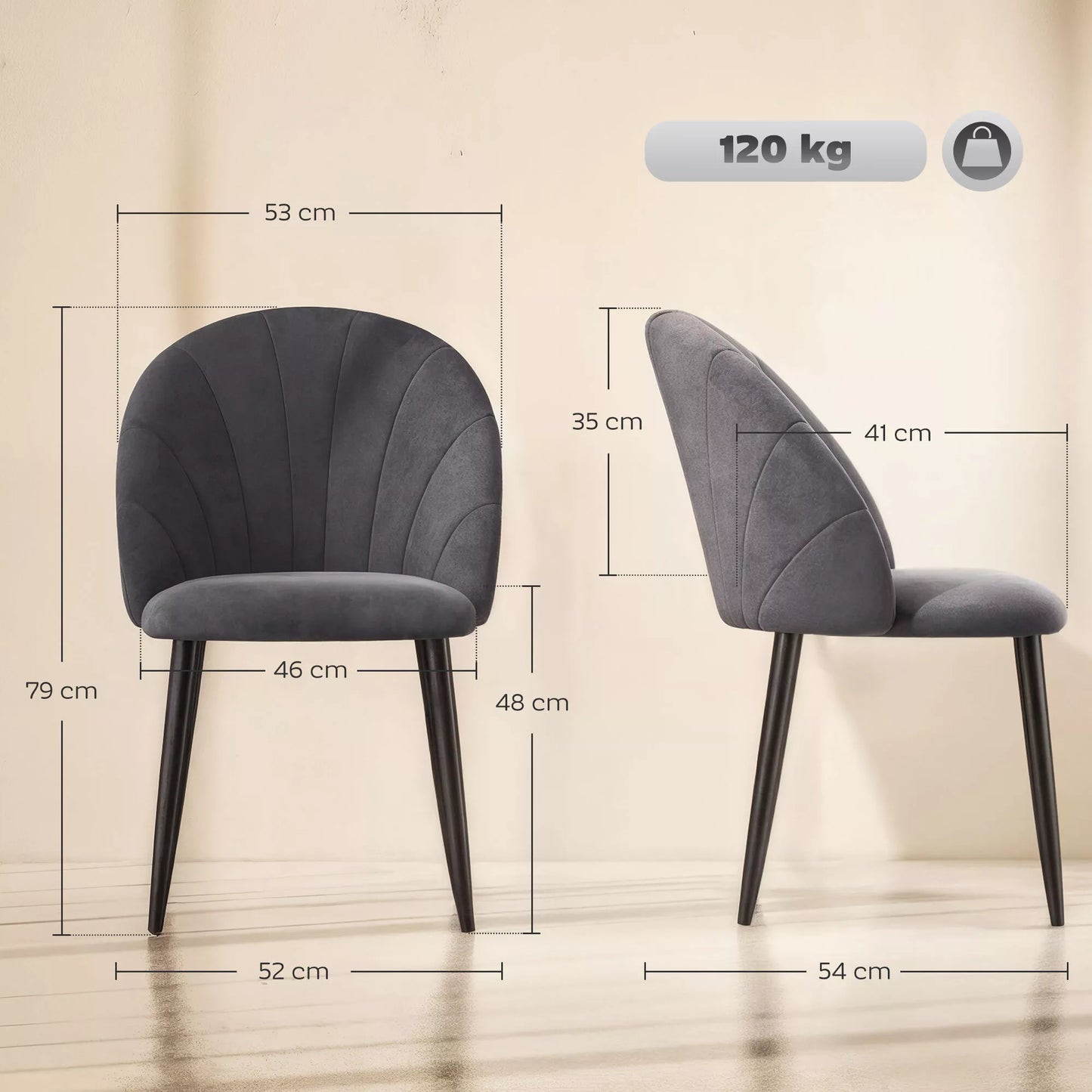 2 vnt. komplektas Valgomojo kėdės Akcentinės kėdės Virtuvės kėdės, Retro dizainas, Veliūro išvaizda, 52 cm x 54 cm x 79 cm, Pilka