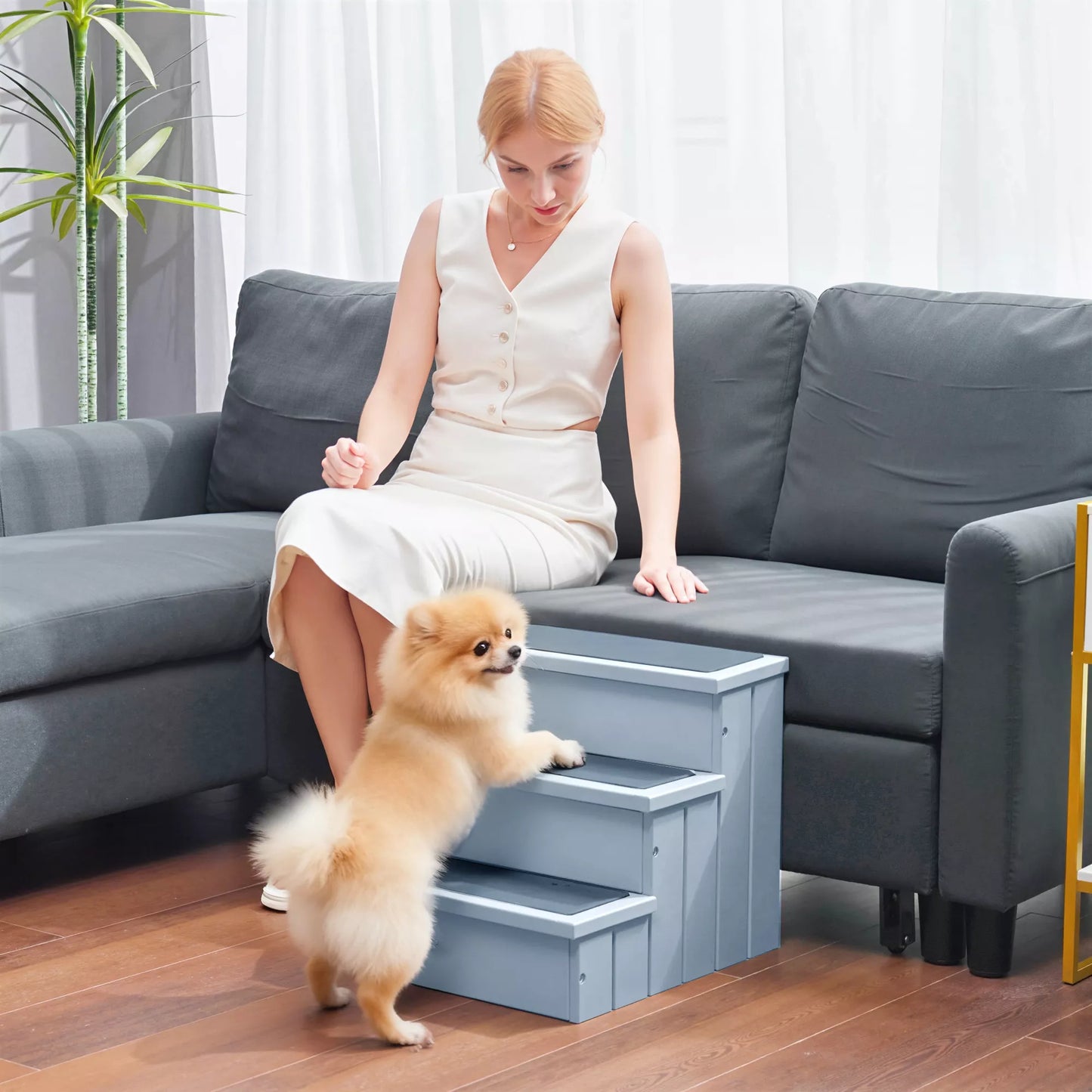 Šunų laiptai, 3 pakopos, 38 cm aukščio, naminių gyvūnų laiptai mažų ir vidutinių šunų, kačių laiptai, šunų rampa, pagalba lipant į lovą, sofą, kušetę ir automobilį, pilkos spalvos.