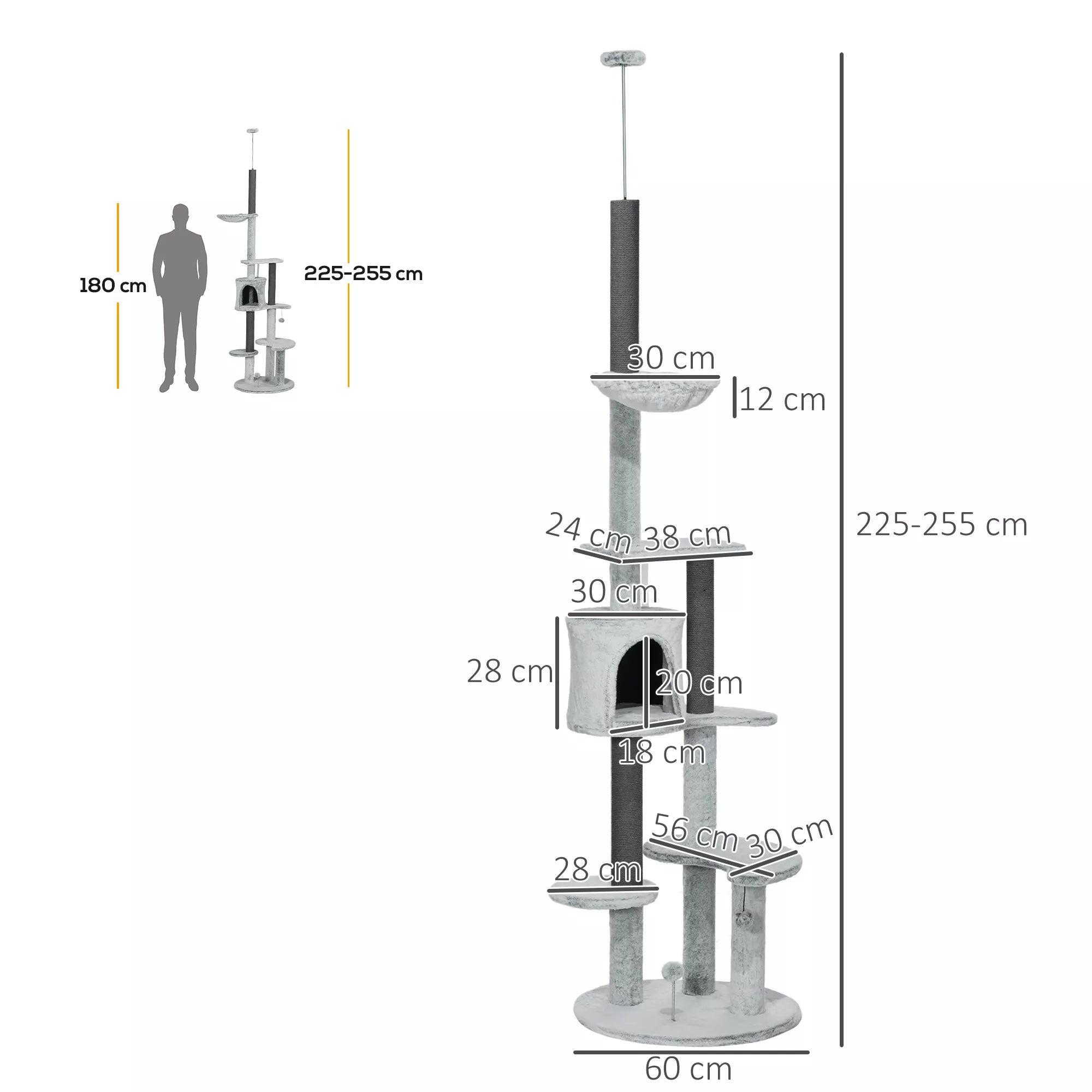 Katės draskyklė iki lubų su hamaku, nameliu ir platformomis, 225–255 cm, pilka