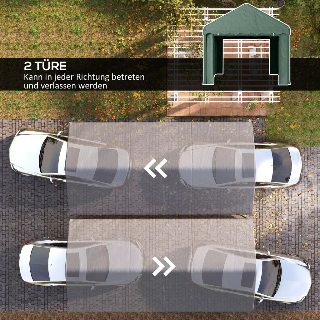 3x6 m Nešiojamas garažas, transporto priemonių stoginė su 2 įėjimais, poliesterio stogas, skirtas automobiliams, valtims, sodo įrankiams, tamsiai žalia spalva