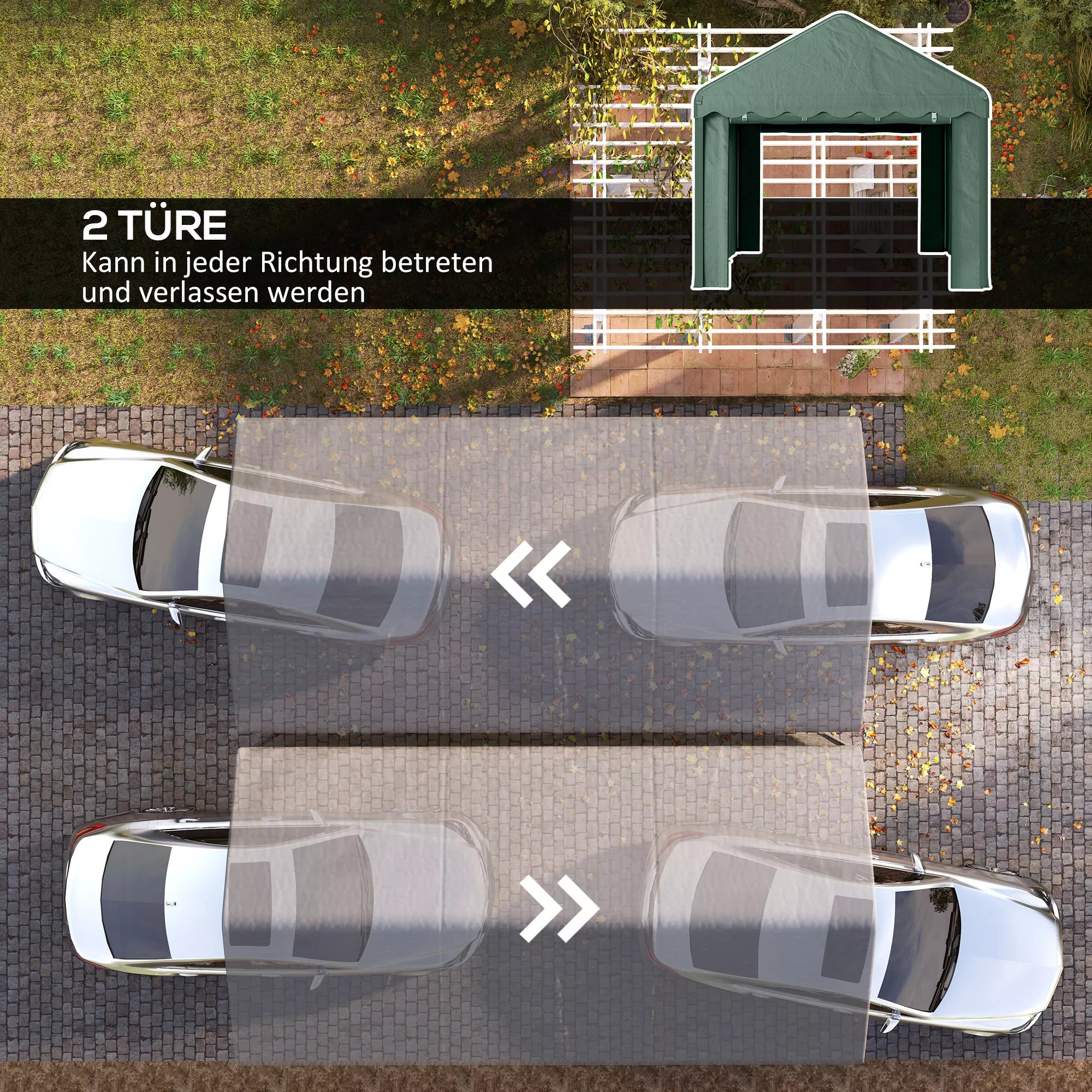 3x6 m Nešiojamas garažas, transporto priemonių stoginė su 2 įėjimais, poliesterio stogas, skirtas automobiliams, valtims, sodo įrankiams, tamsiai žalia spalva