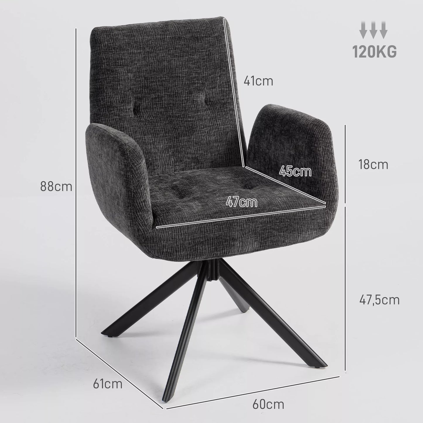 Minkštas fotelis, akcentinis fotelis, modernus dizainas, sukamasis, iki 120 kg, juodas