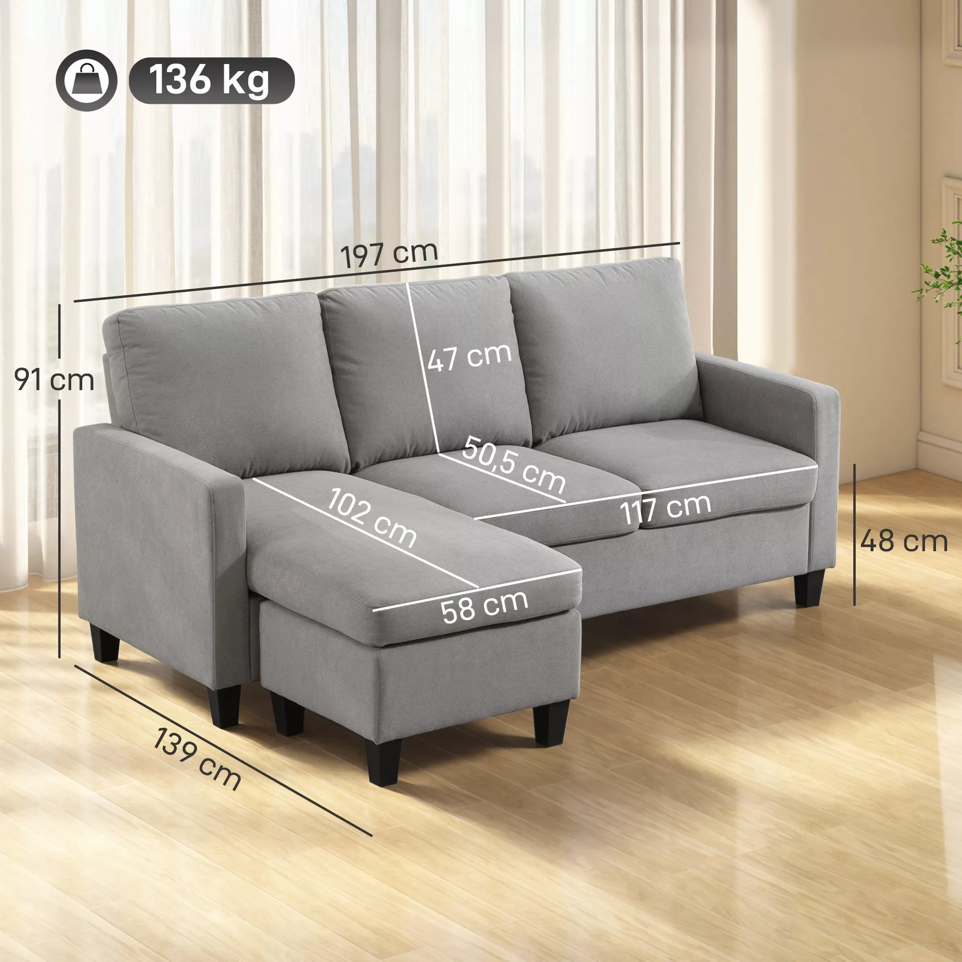 Kampinė sofa, 3 vietų sofa su patalynės dėže ir pagalvėlėmis, L formos kampas, audinio apmušalas, pilka