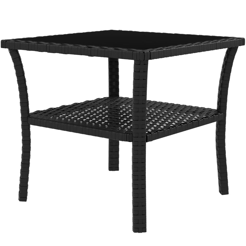 Polyrattan sodo stalas, 50 x 50 x 45 cm, atsparus atmosferos poveikiui, pagalbinis stalas 4 asmenims, kvadratinis su stikliniu stalviršiu