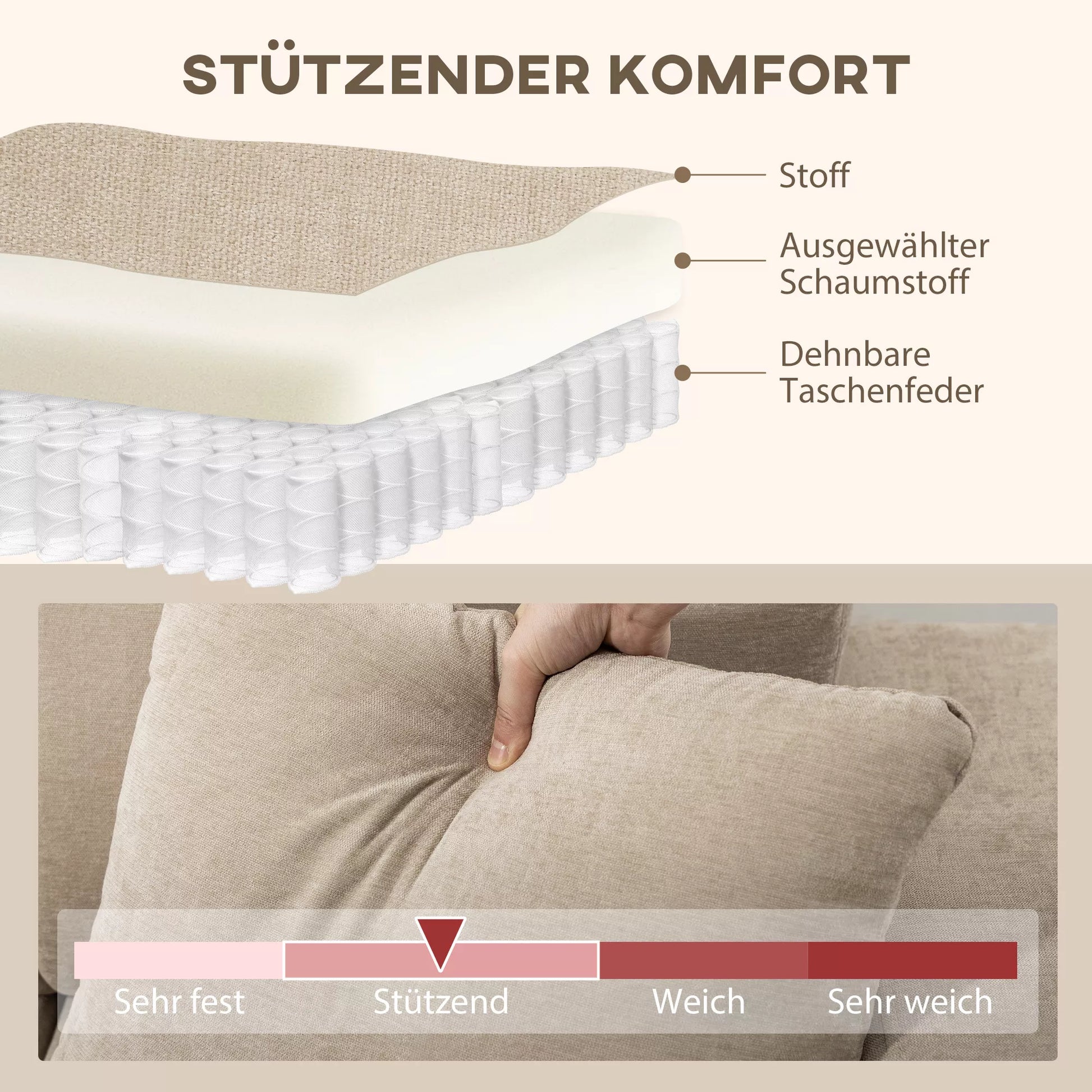 L formos kampinė sofa su lanksčia pusilge atkalte, 3 vietų sofa su 2 pagalvėlėmis, metalinis rėmas, skirta svetainei, smėlio spalvos