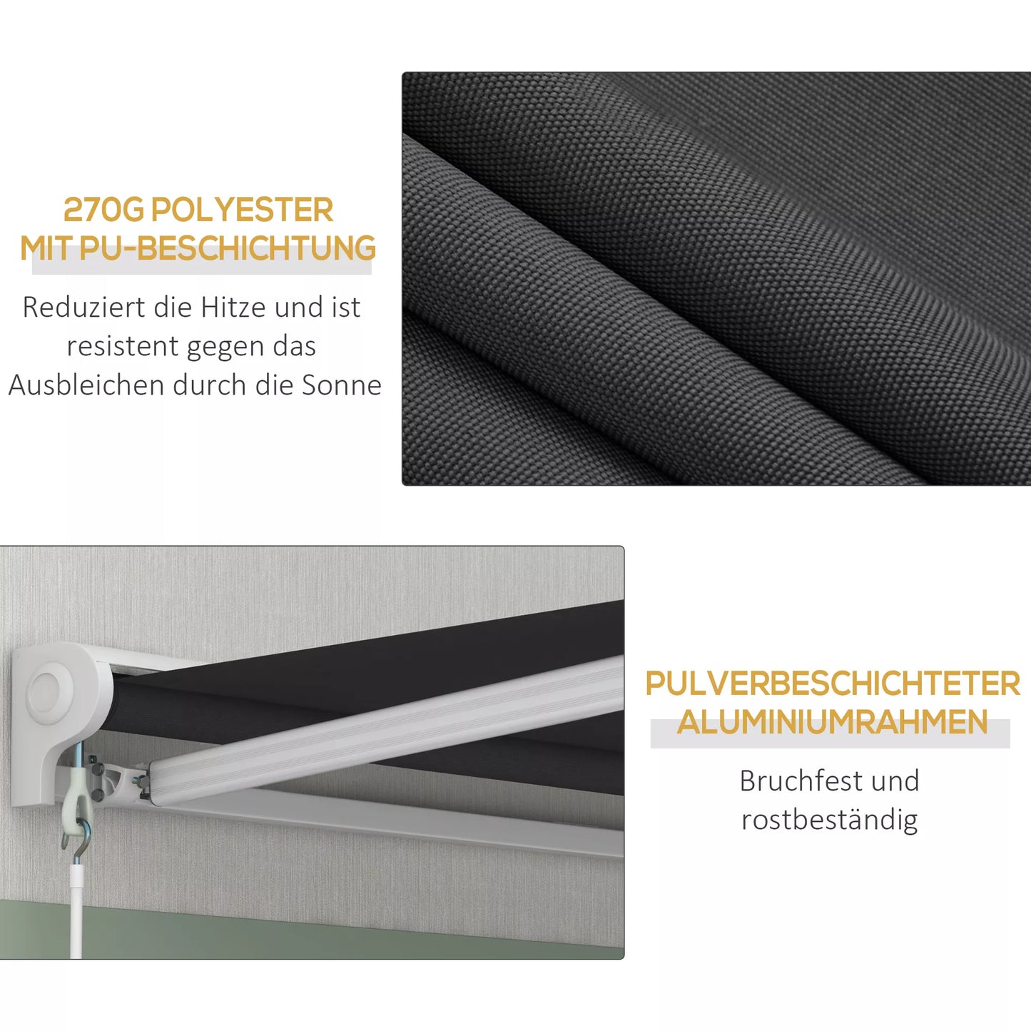 Markizė, elektrinė/rankinė ištraukiama, pusiau kasetinė, su nuotolinio valdymo pulteliu, aliuminio rėmas, 2,5 x 2 m, pilka