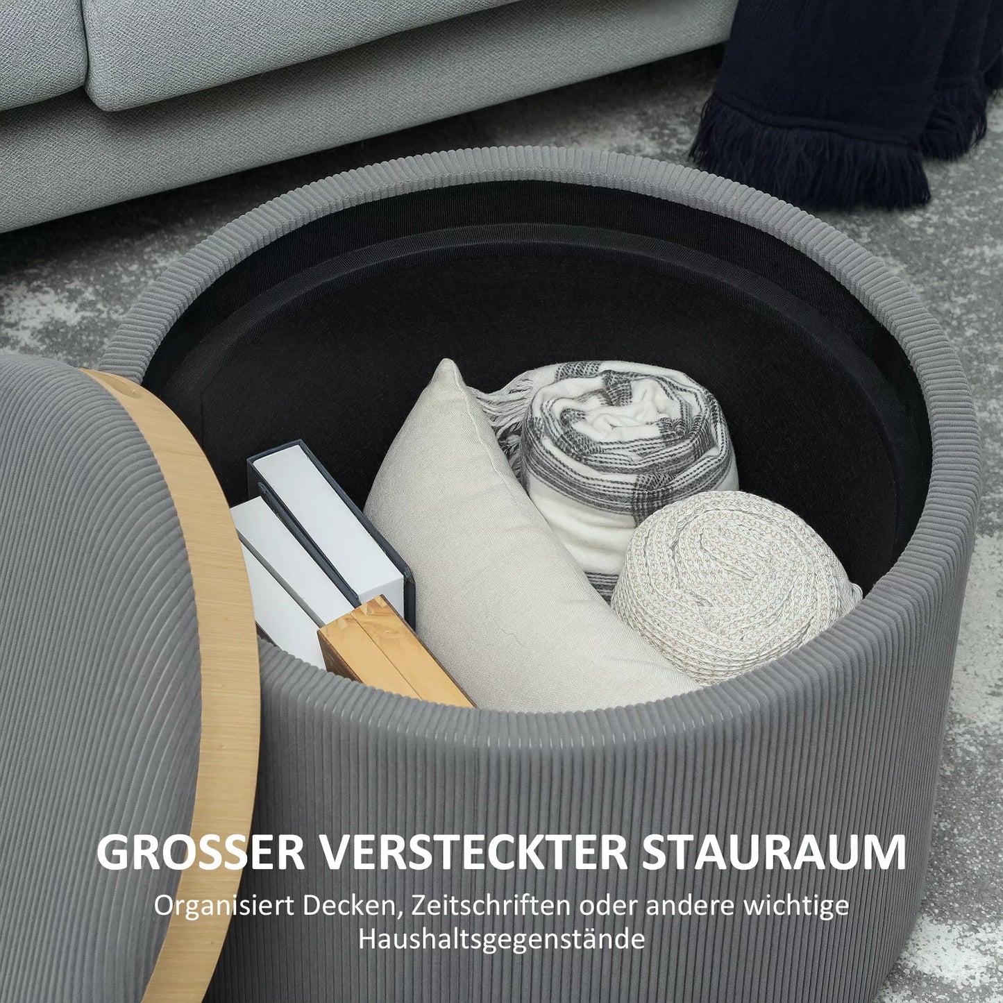 Apvalus laikymo pufas su daiktadėže, atrama kojoms, iš kordilano audinio, MDF, pilkos spalvos