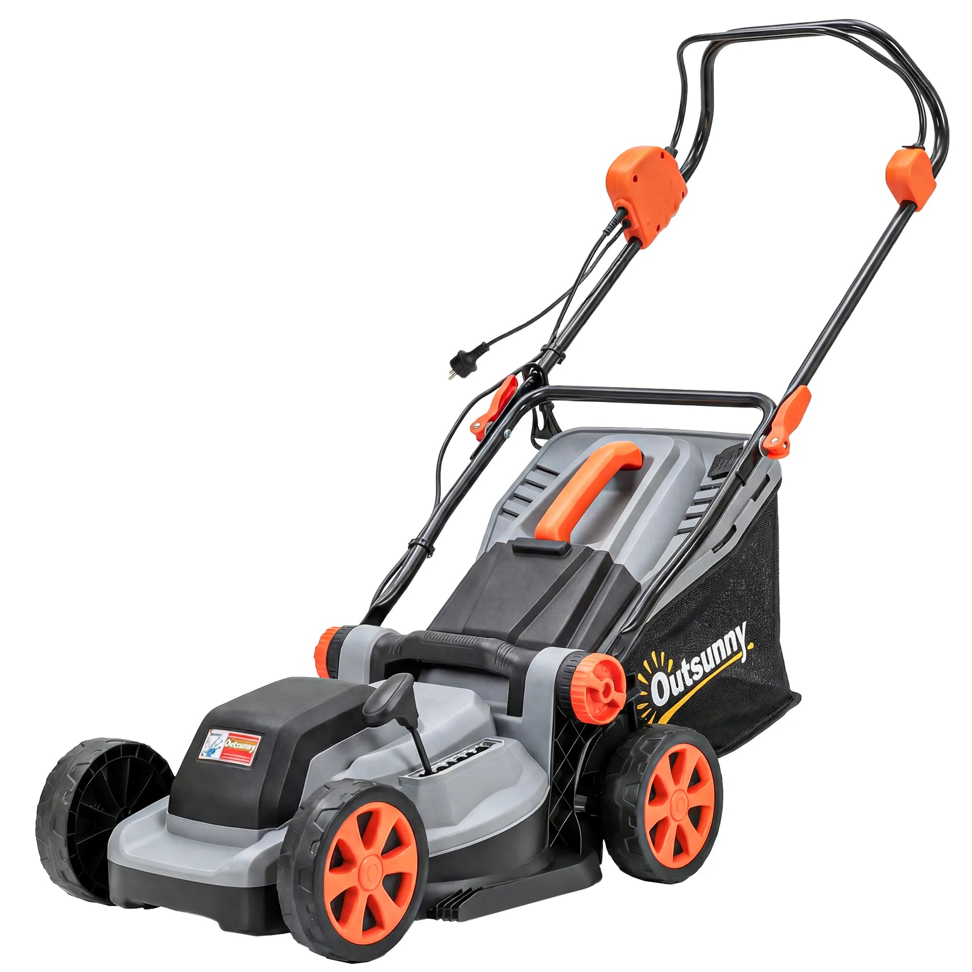 Elektrinė vejapjovė 1200 W, pjovimo plotis 34 cm, 35 l surinkimo krepšys, mulčiavimo funkcija, 6 pjovimo aukščiai, reguliuojami rankenų aukščiai