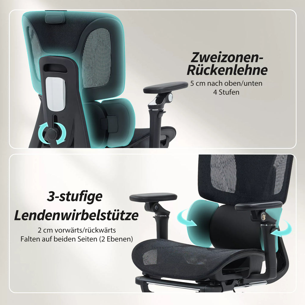 Biuro kėdė Ergonomiška darbo kėdė su reguliuojamu juosmens ir galvos atlošu 6D atlenkiamais porankiais Pėdų atrama Tinklelis Juoda