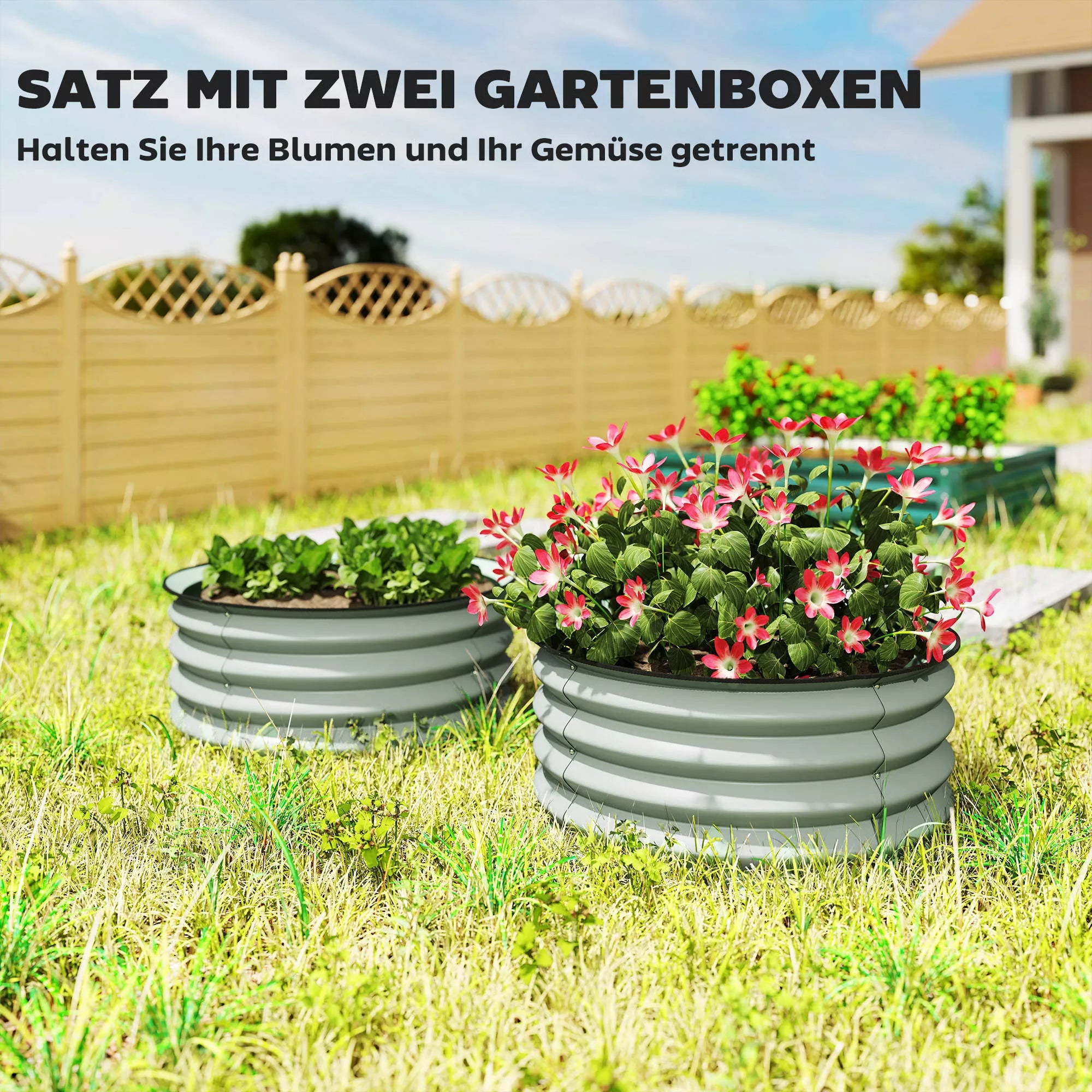 2 vnt. cinkuotos gėlių vazonai, Ø60 x 30H cm Gėlių vazonai su atviru dugnu, skirti įvairiems augalams, žalios spalvos