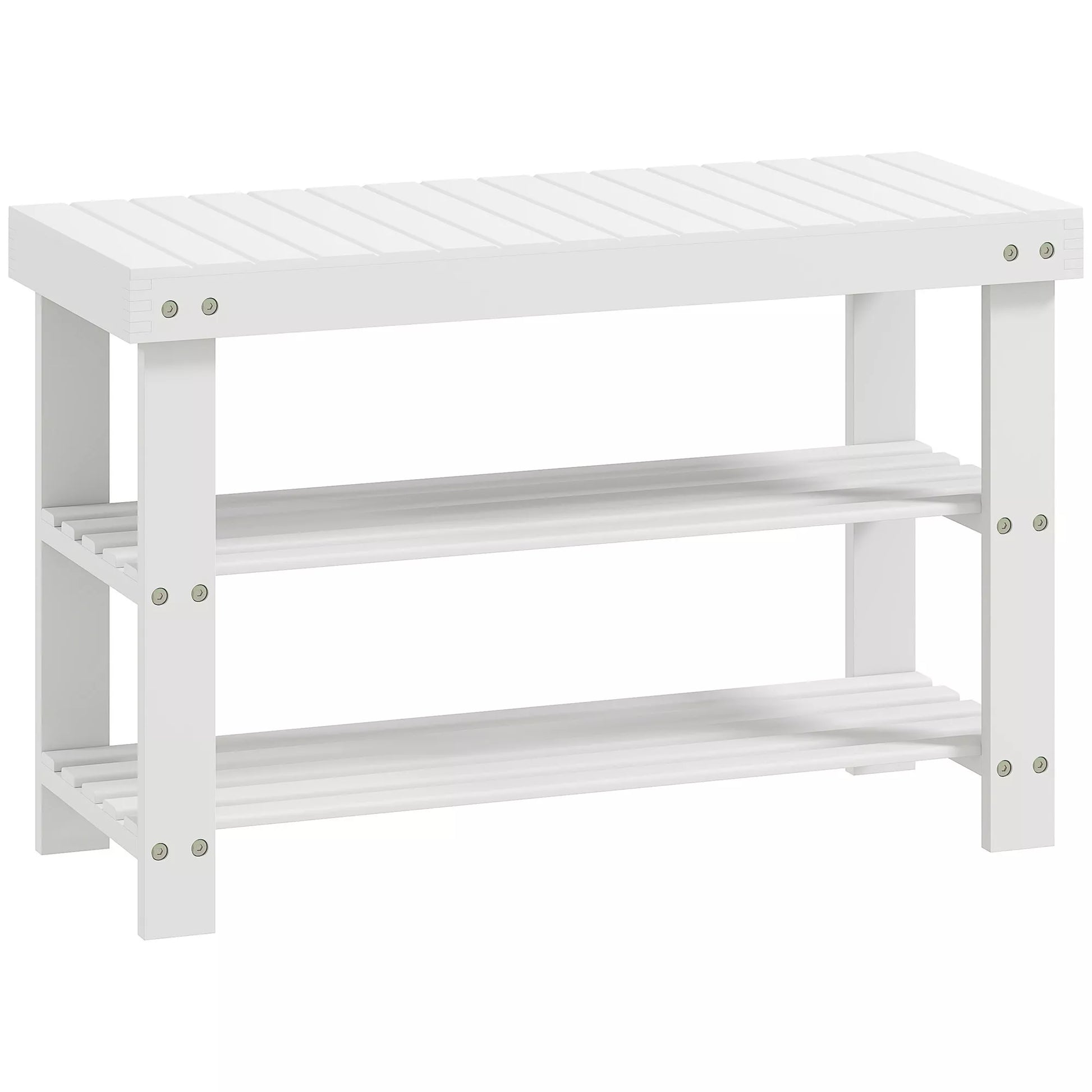 Bambukinė batų lentyna su 2 lentynomis, suoliukas su daiktų laikymo vieta, skirtas prieškambariui, 70x28x45 cm, balta