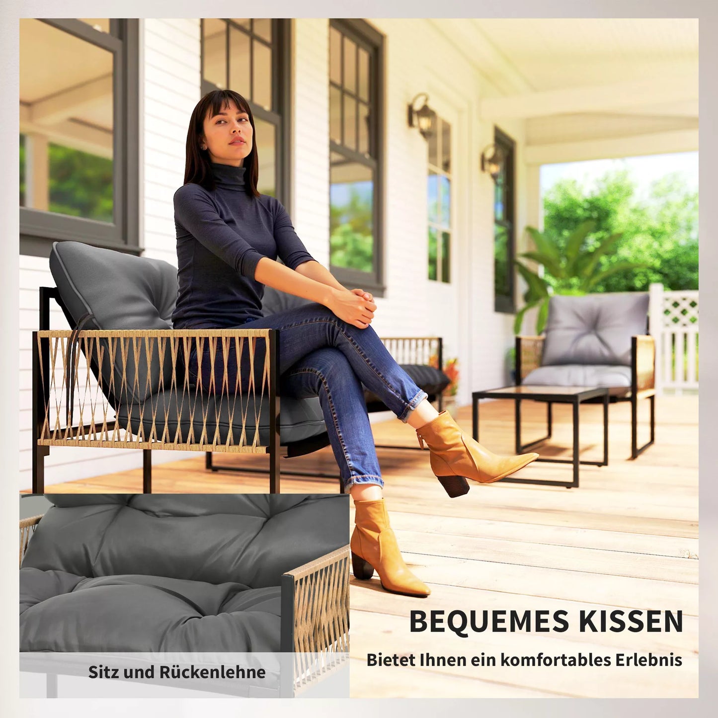 Sodo baldų komplektas, 4 dalys, sofa, 2 kėdės, stalas su stikliniu stalviršiu, metalinis rėmas, poliratas, antracitas