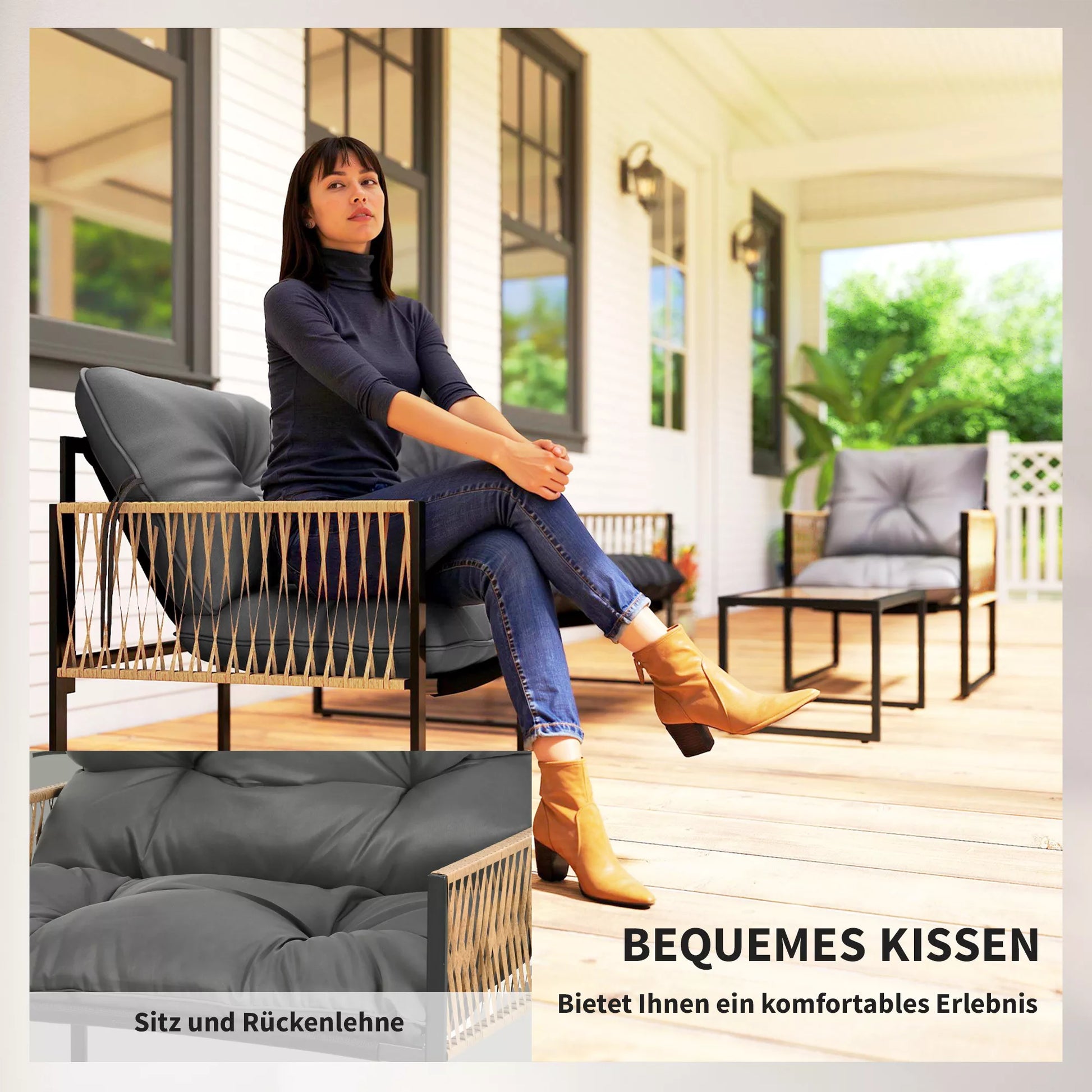 Sodo baldų komplektas, 4 dalys, sofa, 2 kėdės, stalas su stikliniu stalviršiu, metalinis rėmas, poliratas, antracitas