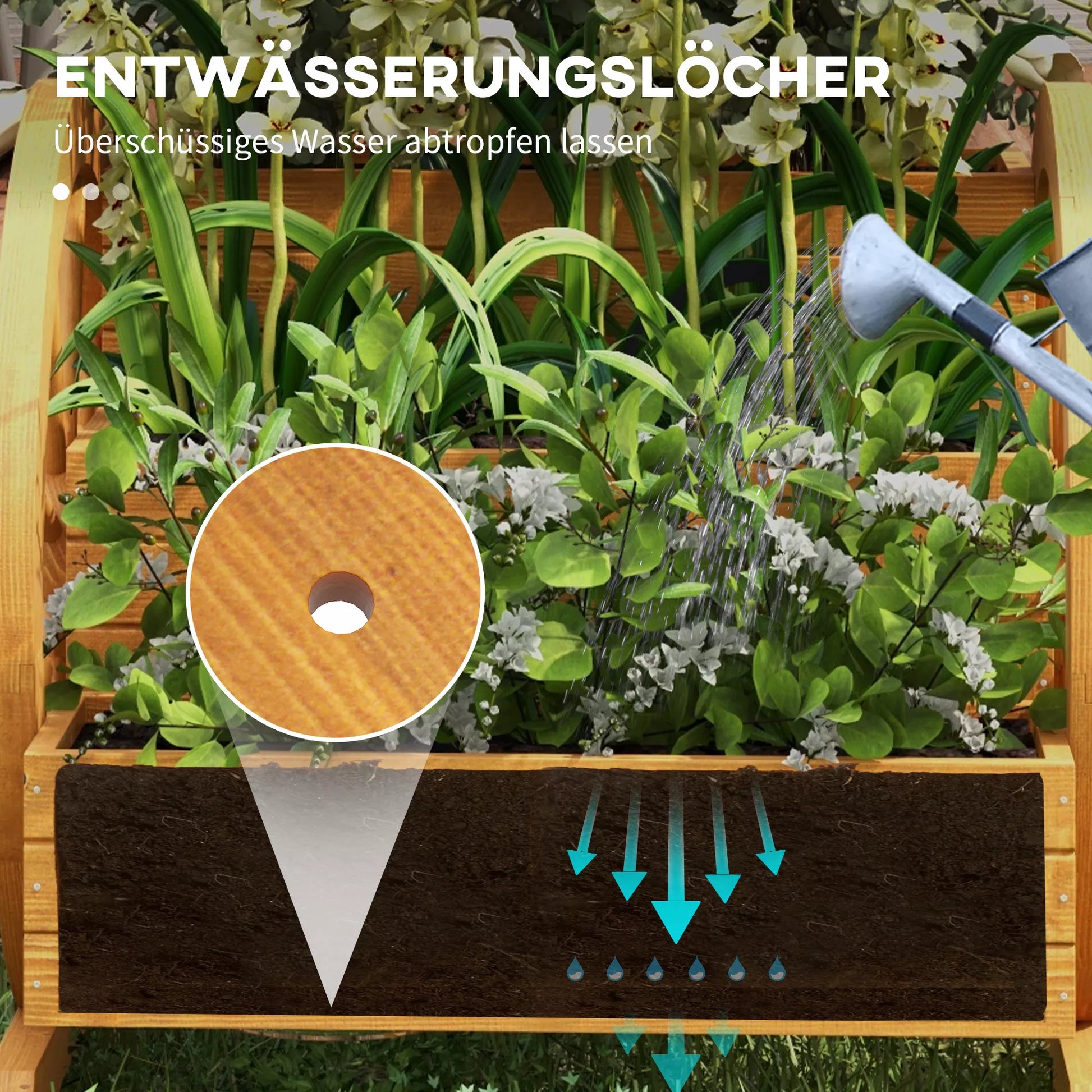 Aukštas gėlių vazonas, 3 aukštai, vežimo rato dekoro, natūralaus medžio, 62 x 61 x 57 cm