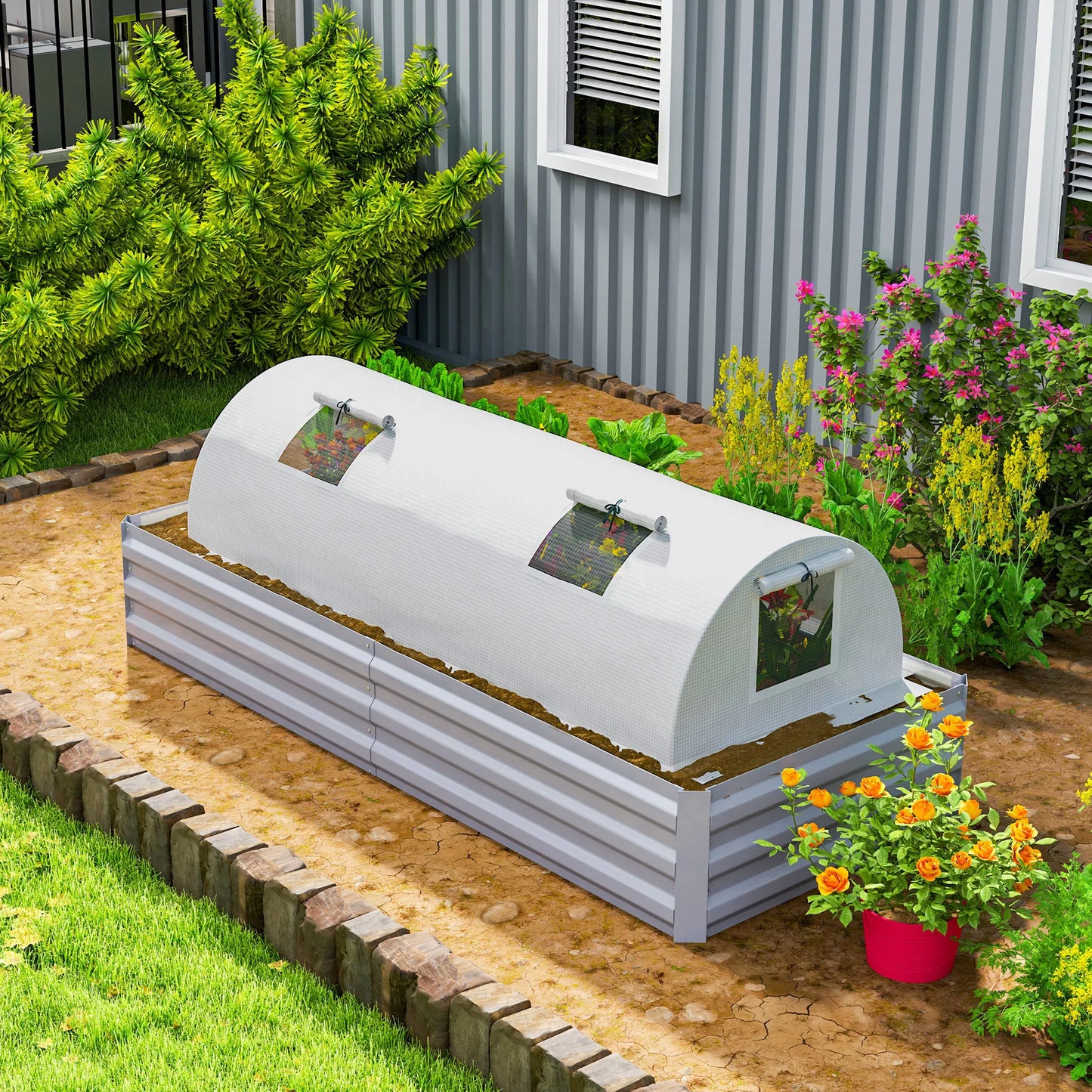 Plėvelės šiltnamis, mini tunelinis šiltnamis su tinkliniu langu, atsparus UV spinduliams, plastikinė plėvelė, 200 x 80 x 45 cm, baltas