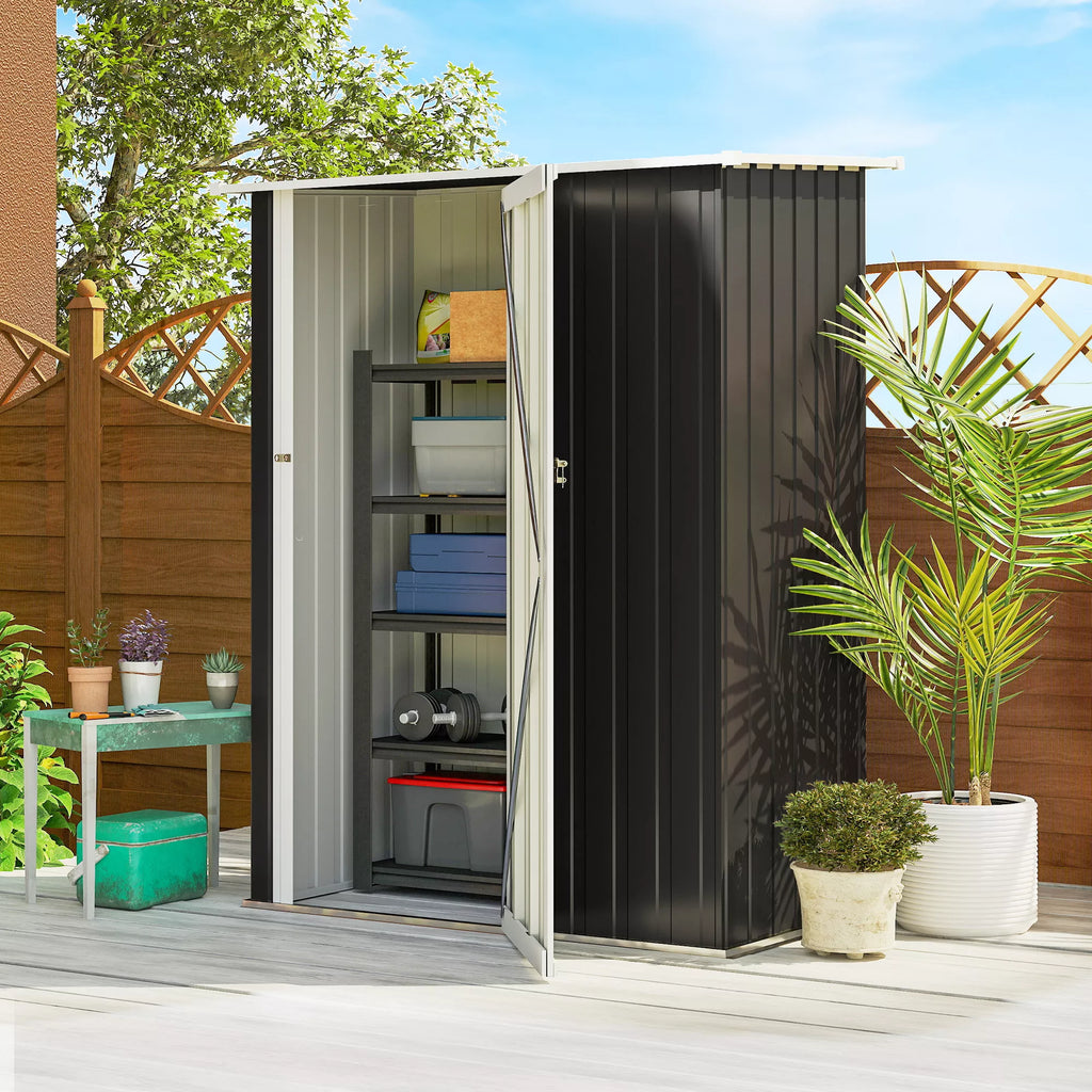 Metalinis įrankių sandėliukas 1,07 m² 142 x 86 x 189 cm Įrankių sandėliukas su vienšlaičiu stogu Užrakinamos durys, atsparus atmosferos poveikiui Sodo namelis Lauko sodo sandėliukas kiemui Lauko erdvė Tamsiai pilkos spalvos