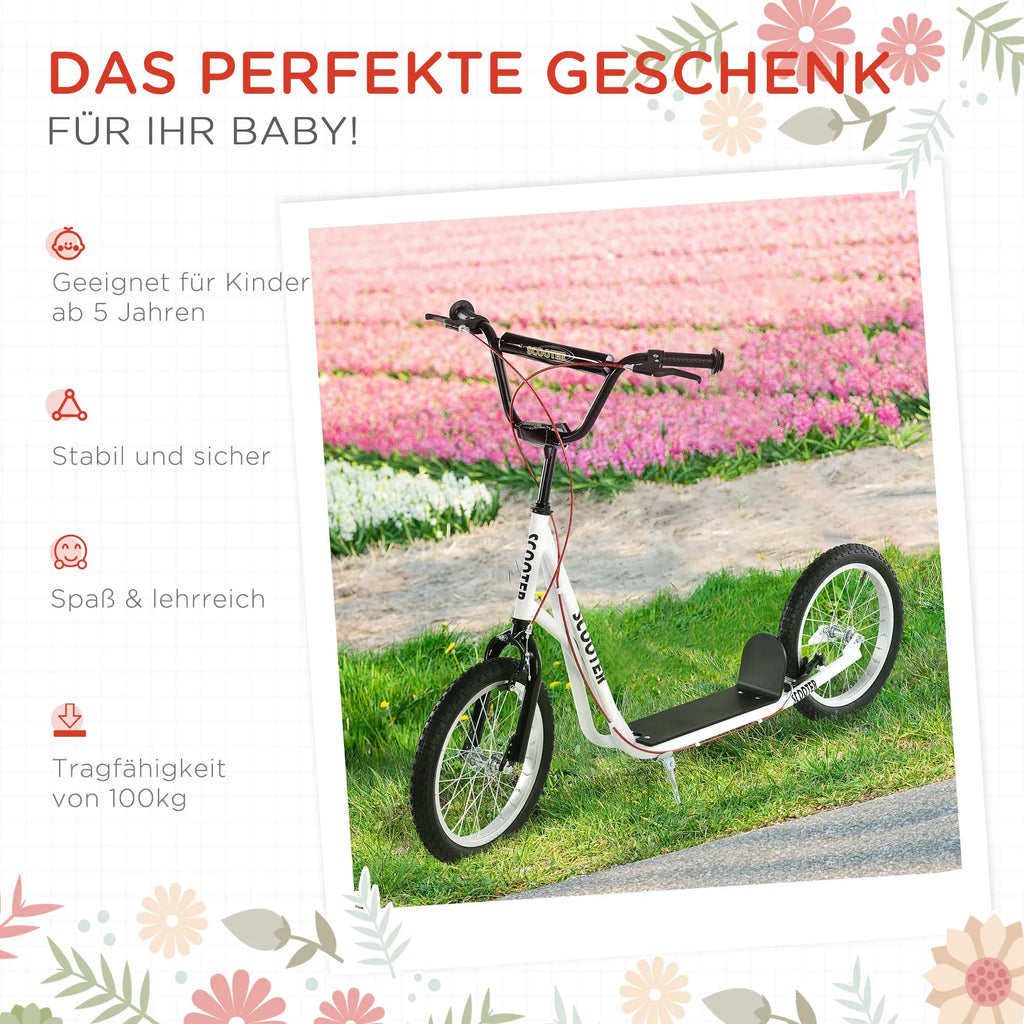 Vaikų paspirtukas Paspirtukas Miesto paspirtukas Kickscooter Paspirtukas Vaikų paspirtukas su pneumatinėmis padangomis ir rankiniu stabdžiu Paspirtukas Vaikams Atsparus vandeniui Sulankstomas nuo 5 metų 16 colių Balta 139 x 58 x 90-96 cm