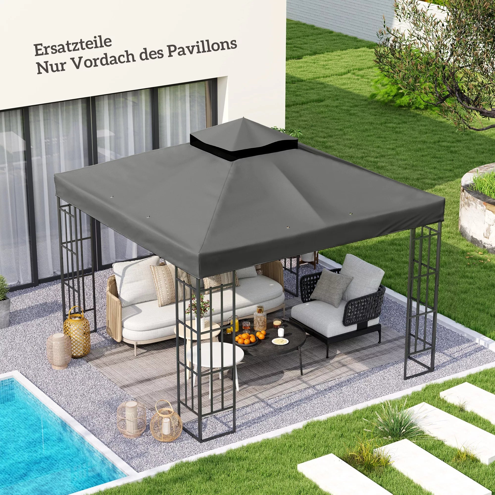3 x 3 m atsarginis stogas paviljonui, atsarginis paviljono tentas su vandens nutekėjimo angomis, UPF30+, apsauga nuo saulės, tamsiai pilkos spalvos