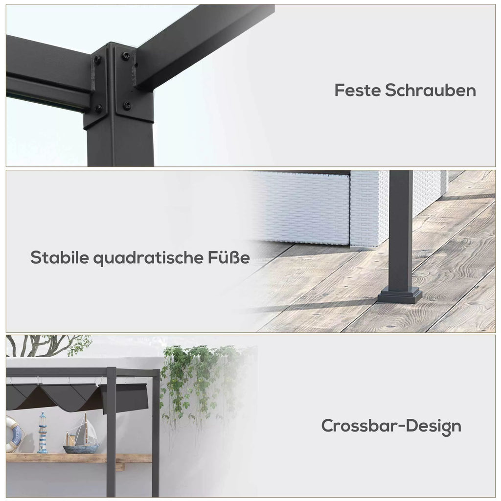 Pergola, apie 3x2 m, sodo pavėsinė, terasos stogas, metalinė, atskira sodo pavėsinė su reguliuojamu stogu, UV apsauga, saulės apsauga terasai ir sodui, juoda + pilka