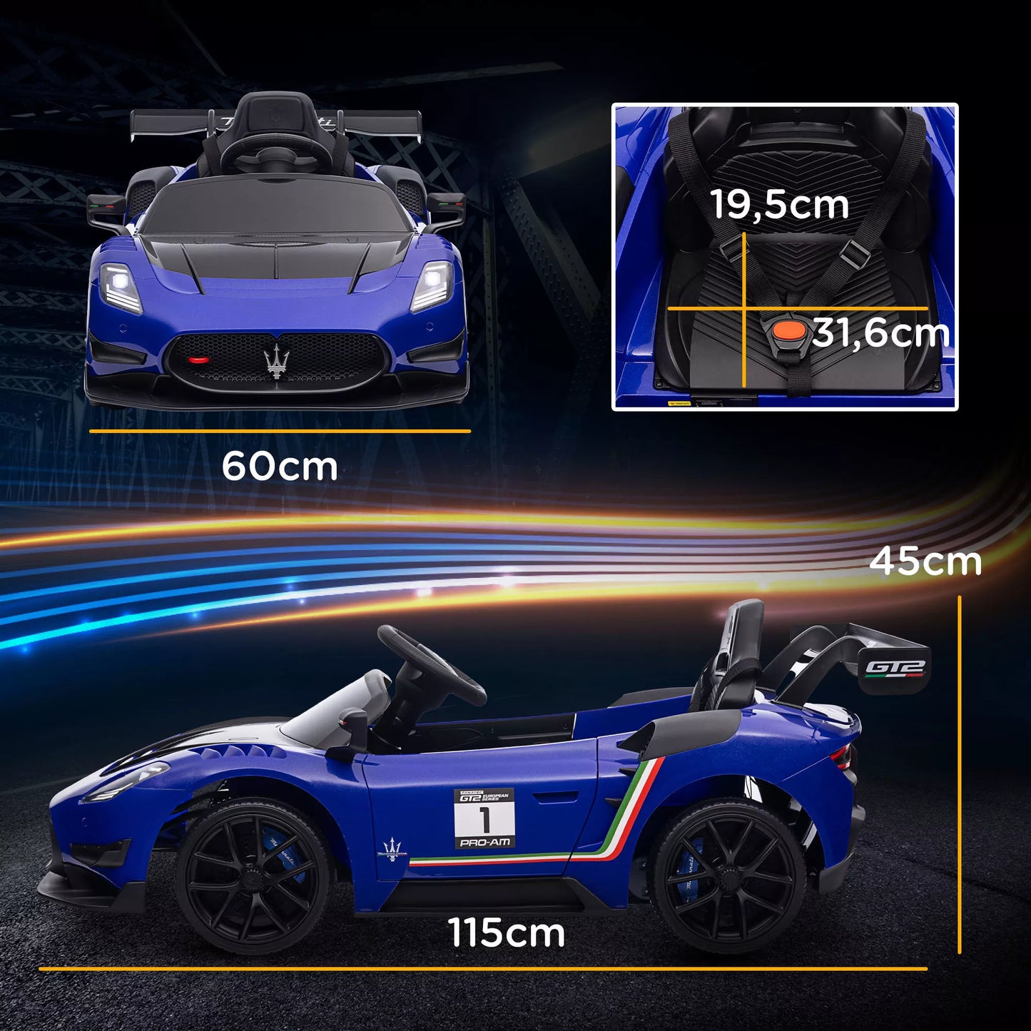 Elektrinis vaikiškas automobilis 12V, licencijuotas, su nuotolinio valdymo pultu, amortizuojantys ratai, mėlynas, 115x60x45 cm