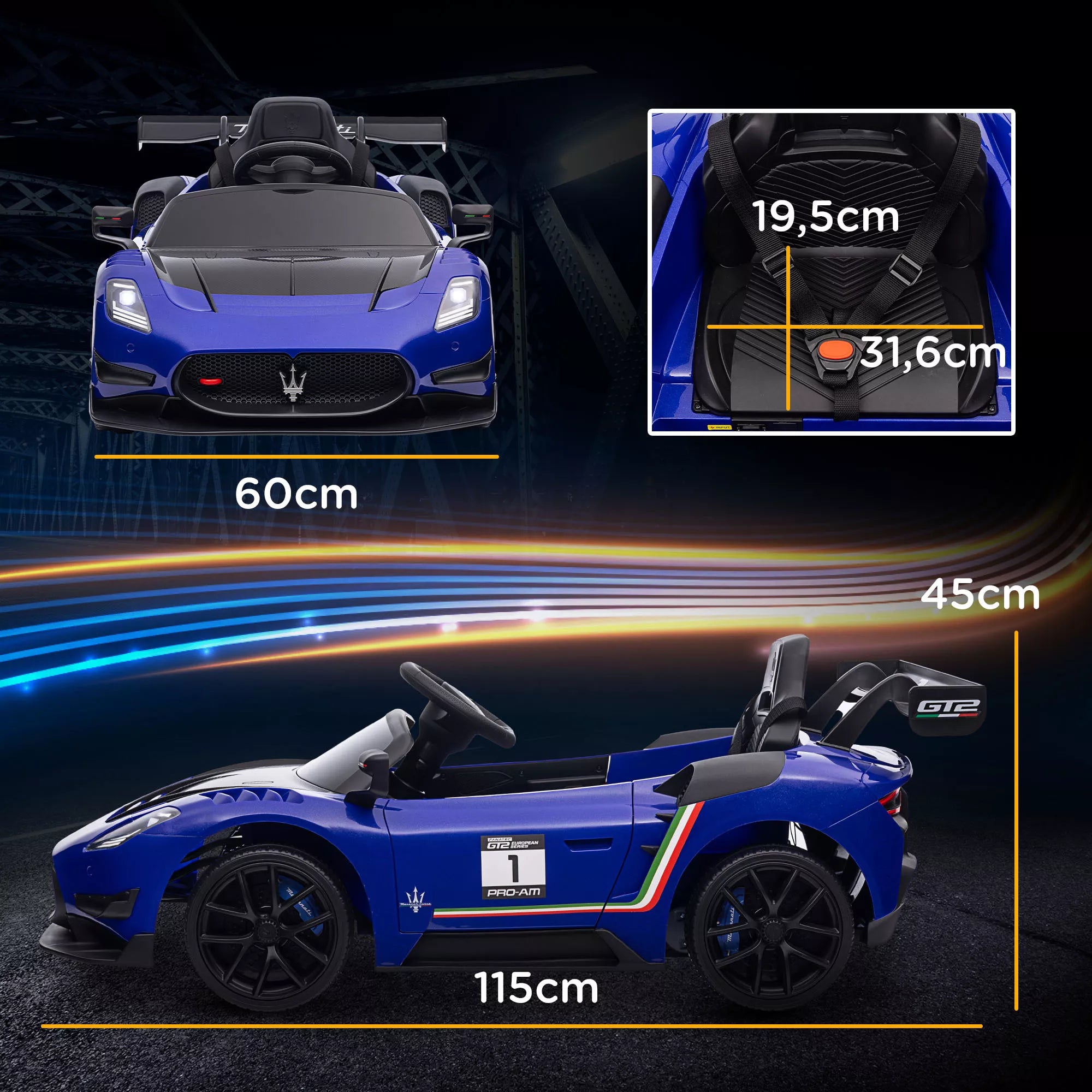 Elektrinis vaikų automobilis 12 V, licencijuotas, nuotolinio valdymo pultas, amortizuojantys ratai, mėlynas, 115 x 60 x 45 cm