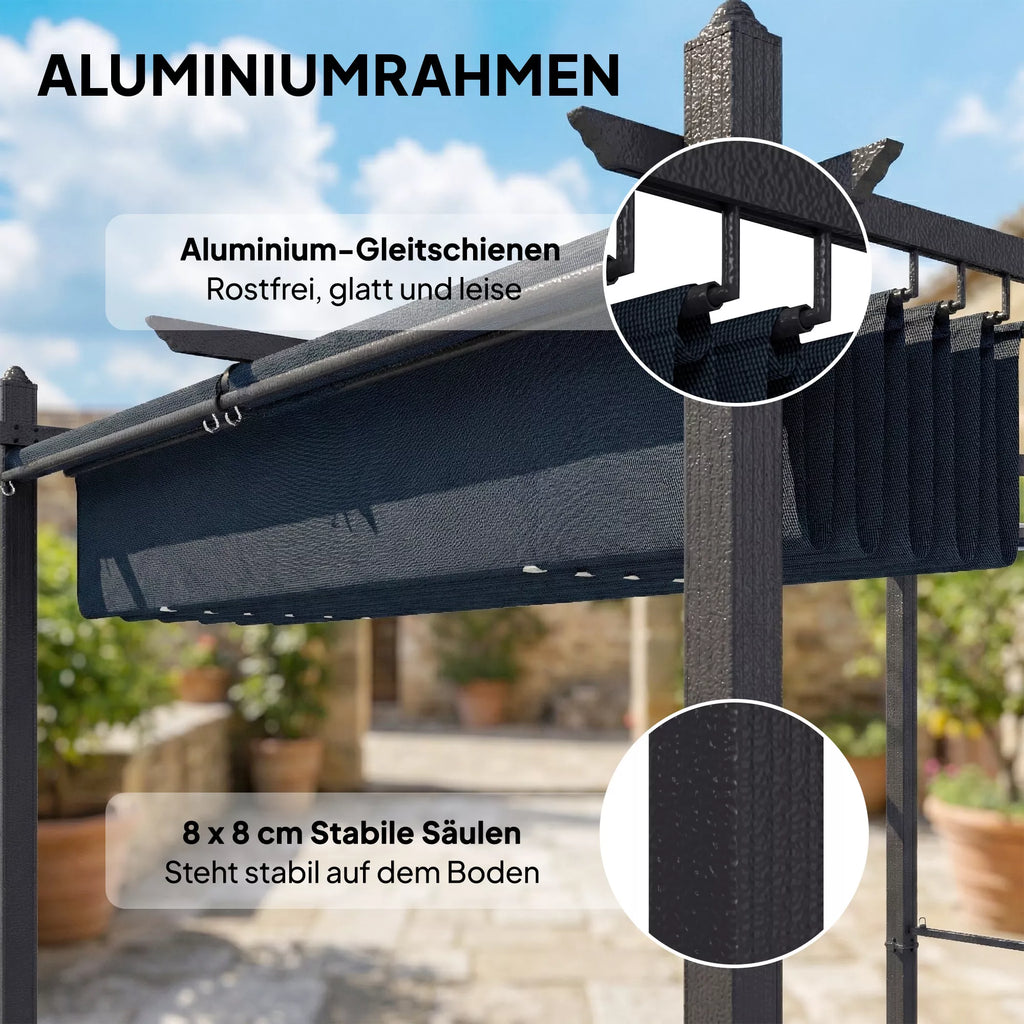 Terasos pergola su ištraukiamu stogu – 392 × 297 × 225 cm, tamsiai pilka