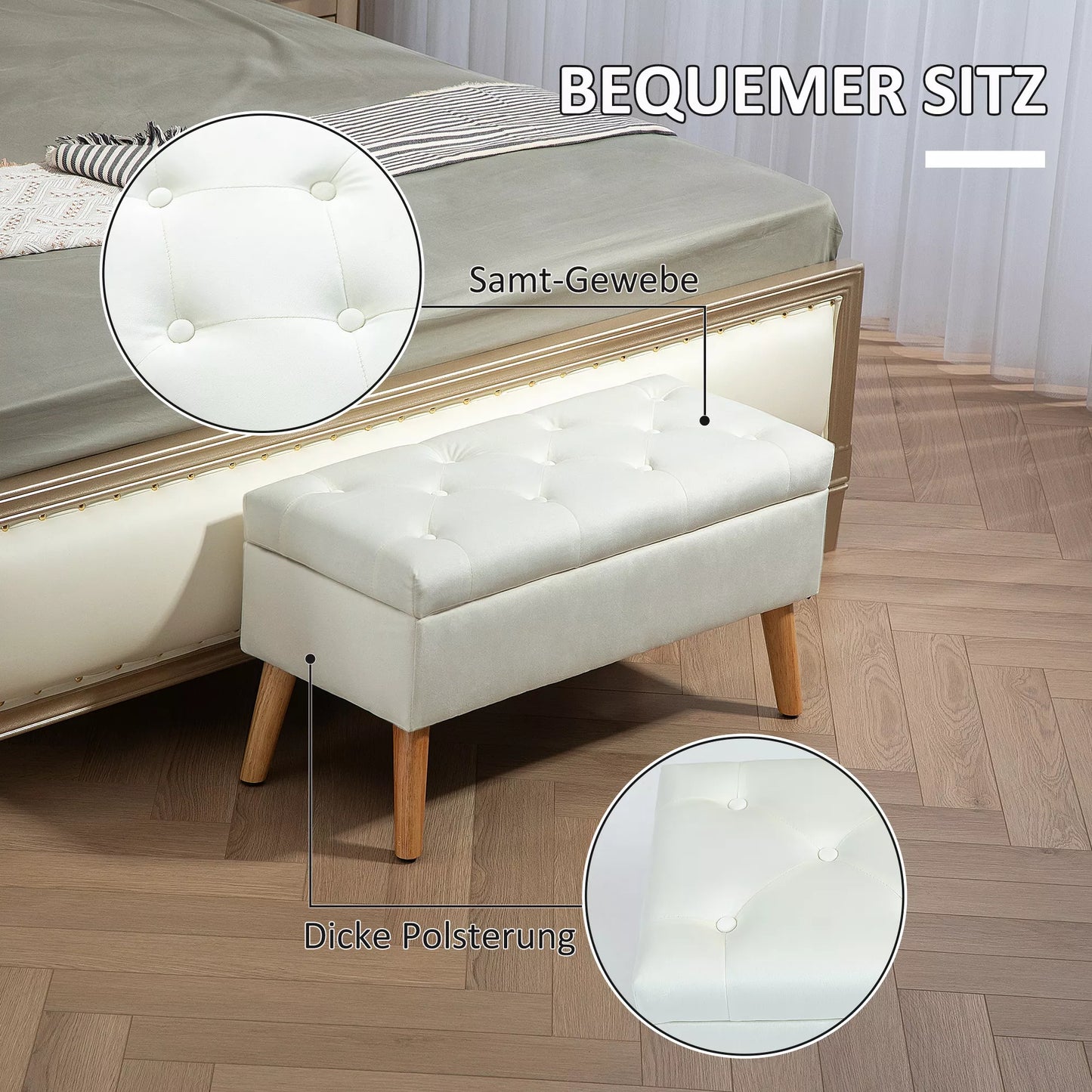 Puslys su daiktadėže, aksominio audinio apmušalas, medinės kojelės, skirta svetainei, miegamajam, koridoriui, 80 x 35 x 42 cm, balta