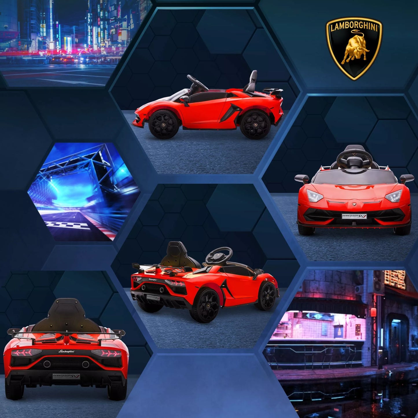 Elektrinis vaikiškas automobilis Lamborghini Aventador, licencijuotas, su atidaromomis (drugelio tipo) durimis, muzika, garsiniu signalu, skirtas 3-5 metų vaikams, raudonas