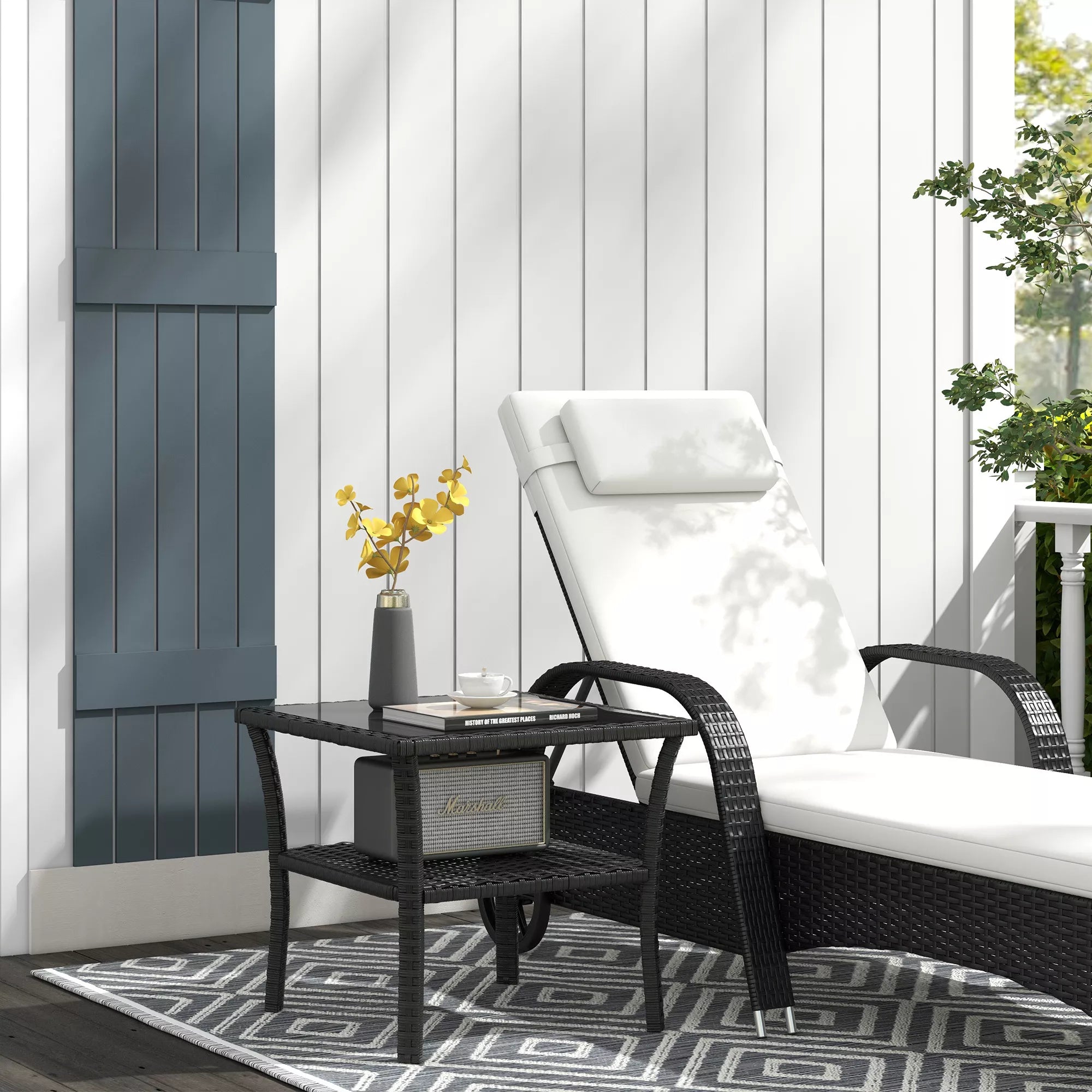 Polyrattan sodo stalas, 50 x 50 x 45 cm, atsparus atmosferos poveikiui, pagalbinis stalas 4 asmenims, kvadratinis su stikliniu stalviršiu