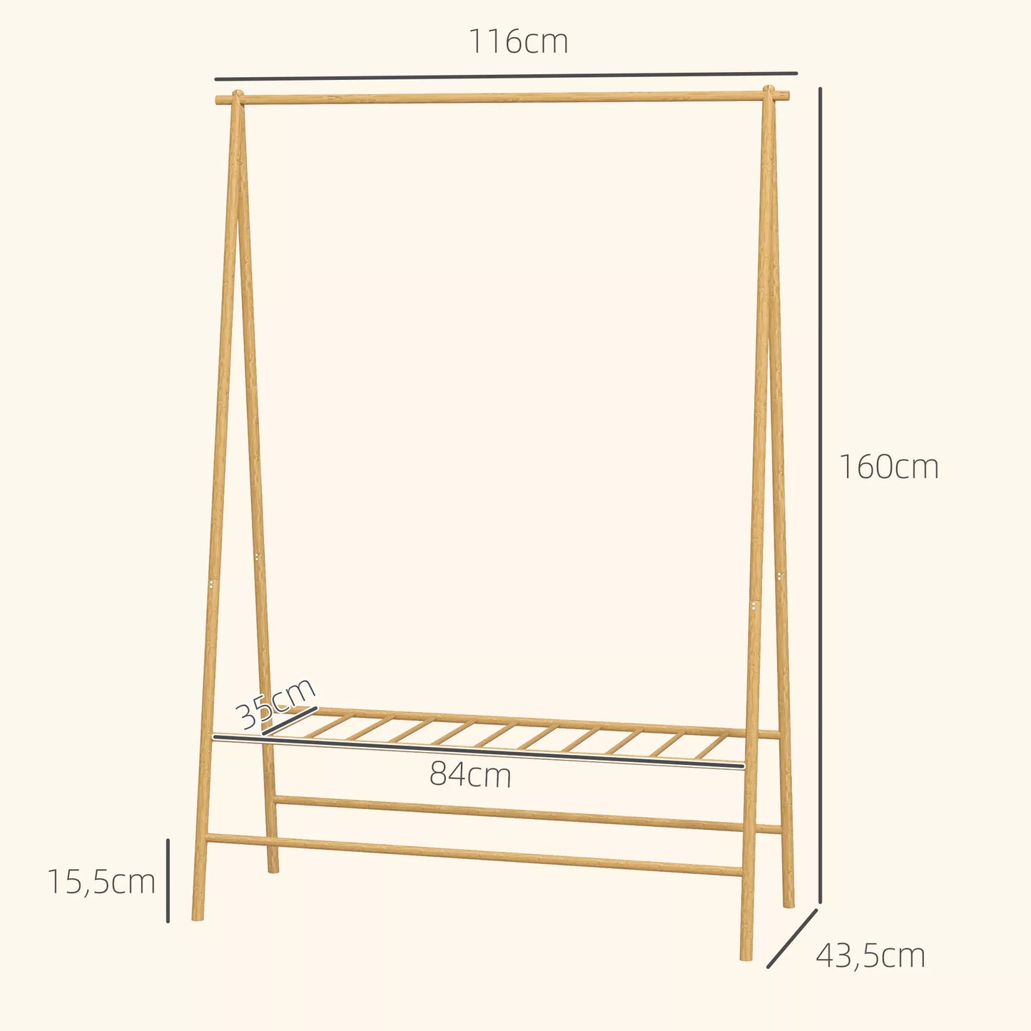 Bambukinis drabužių stovas su batų lentyna ir kabliukais, laisvai pastatomas, prieškambariui, miegamajam, natūralaus medžio
