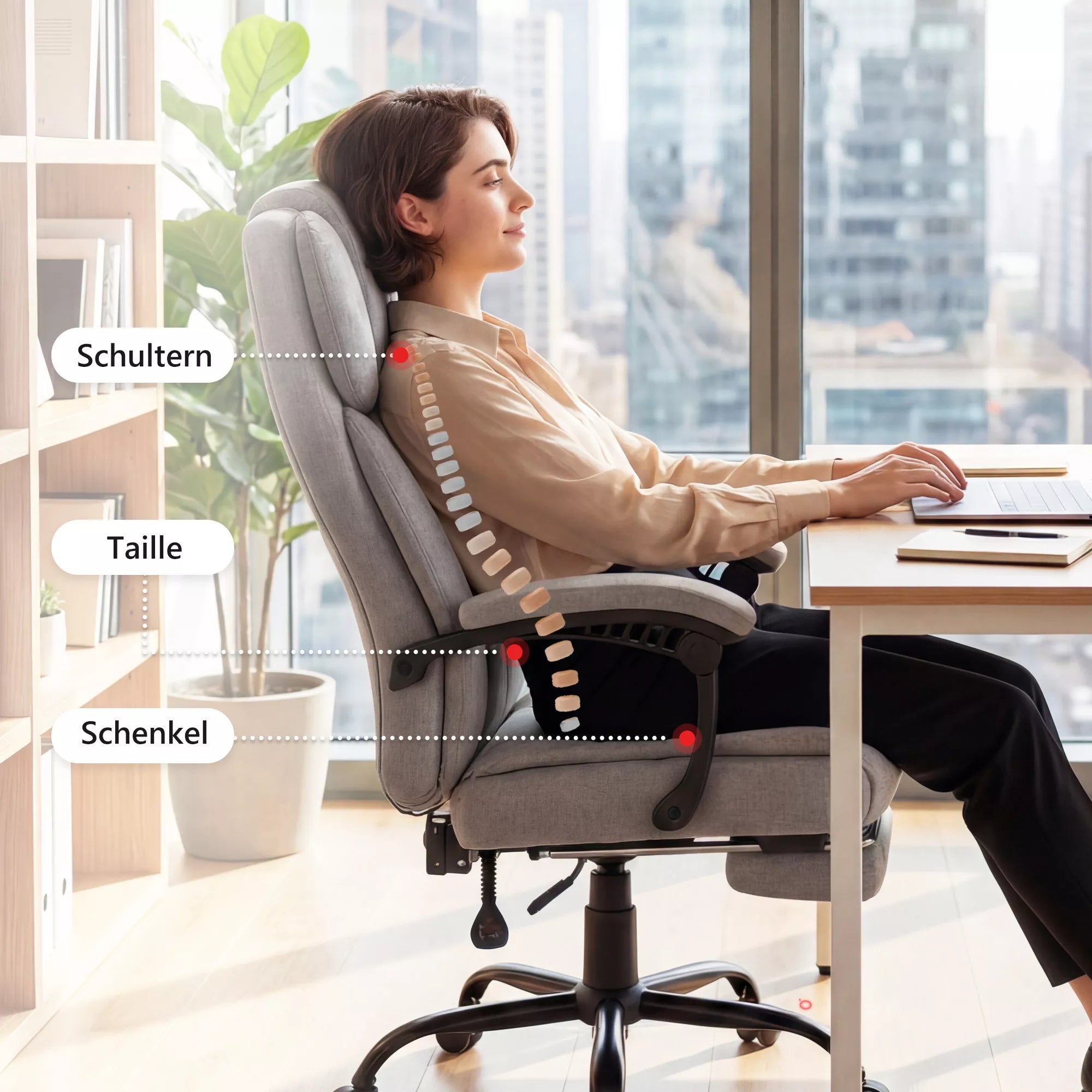 Aukšto atlošo masažinė biuro kėdė su vibracija, šildymo funkcija, reguliuojamu atlošu, kojų atrama, nuotolinio valdymo pultu, pilkos spalvos