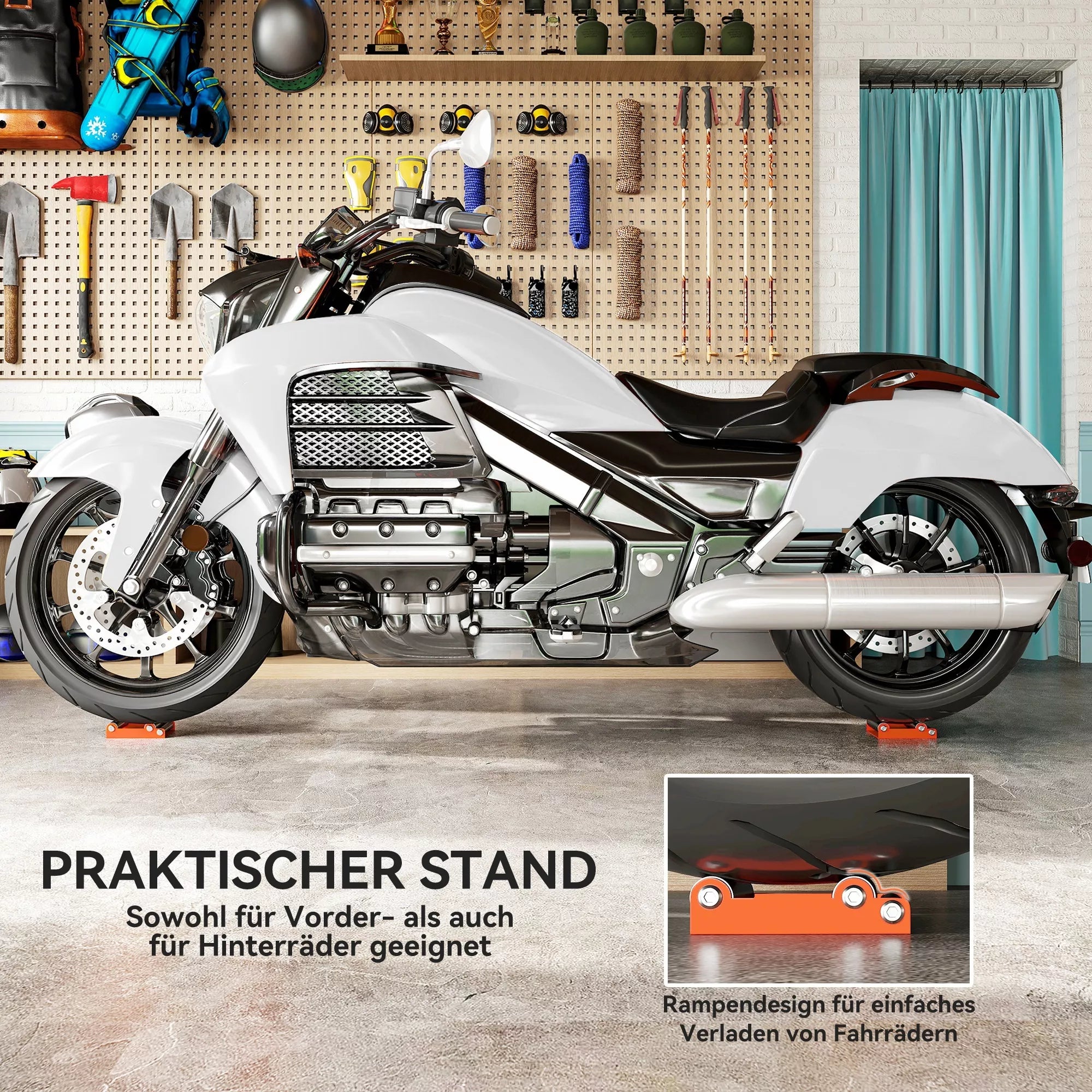 Oranžinis motociklo rato stovas po motociklu prie įrankių sienos