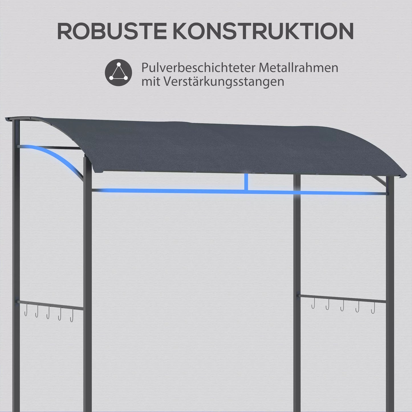 Grill paviljonas, grill stogas, apsauga nuo lietaus, kabliai įrankiams, plieninis rėmas, pilkos spalvos, 215 x 150 x 174/220 cm