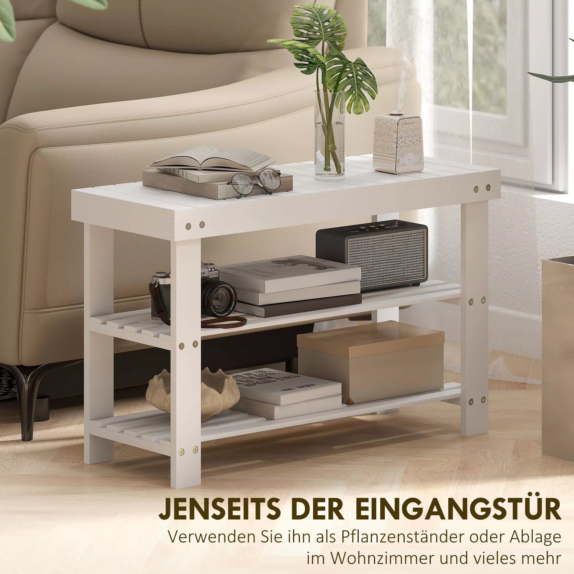 Bambukinė batų lentyna su 2 lentynomis, suoliukas su daiktų laikymo vieta, skirtas prieškambariui, 70x28x45 cm, balta