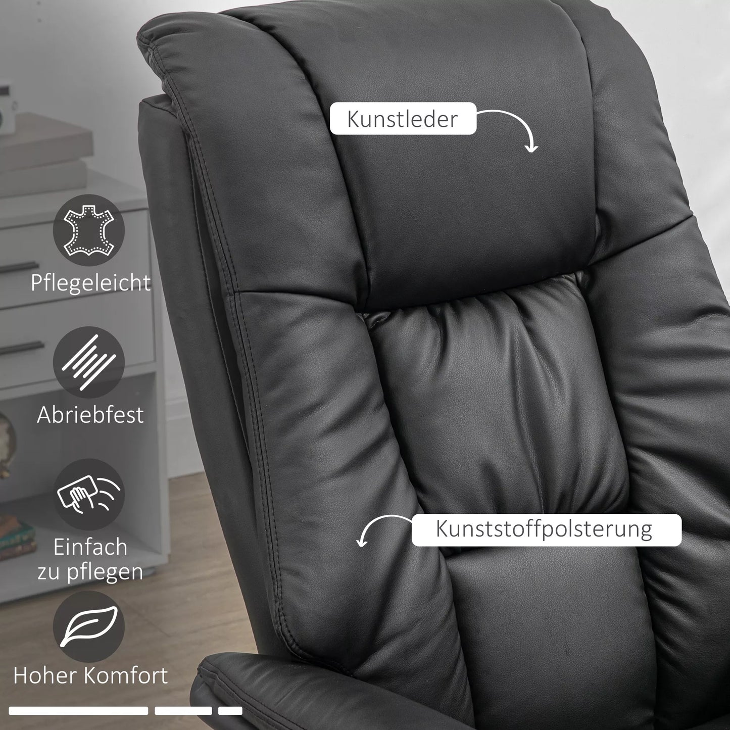 Relaksacinis fotelis su otomanu, fotelis su pakoja, reguliuojama atlošo padėtis, 77 cm x 89 cm x 110 cm, juodos spalvos