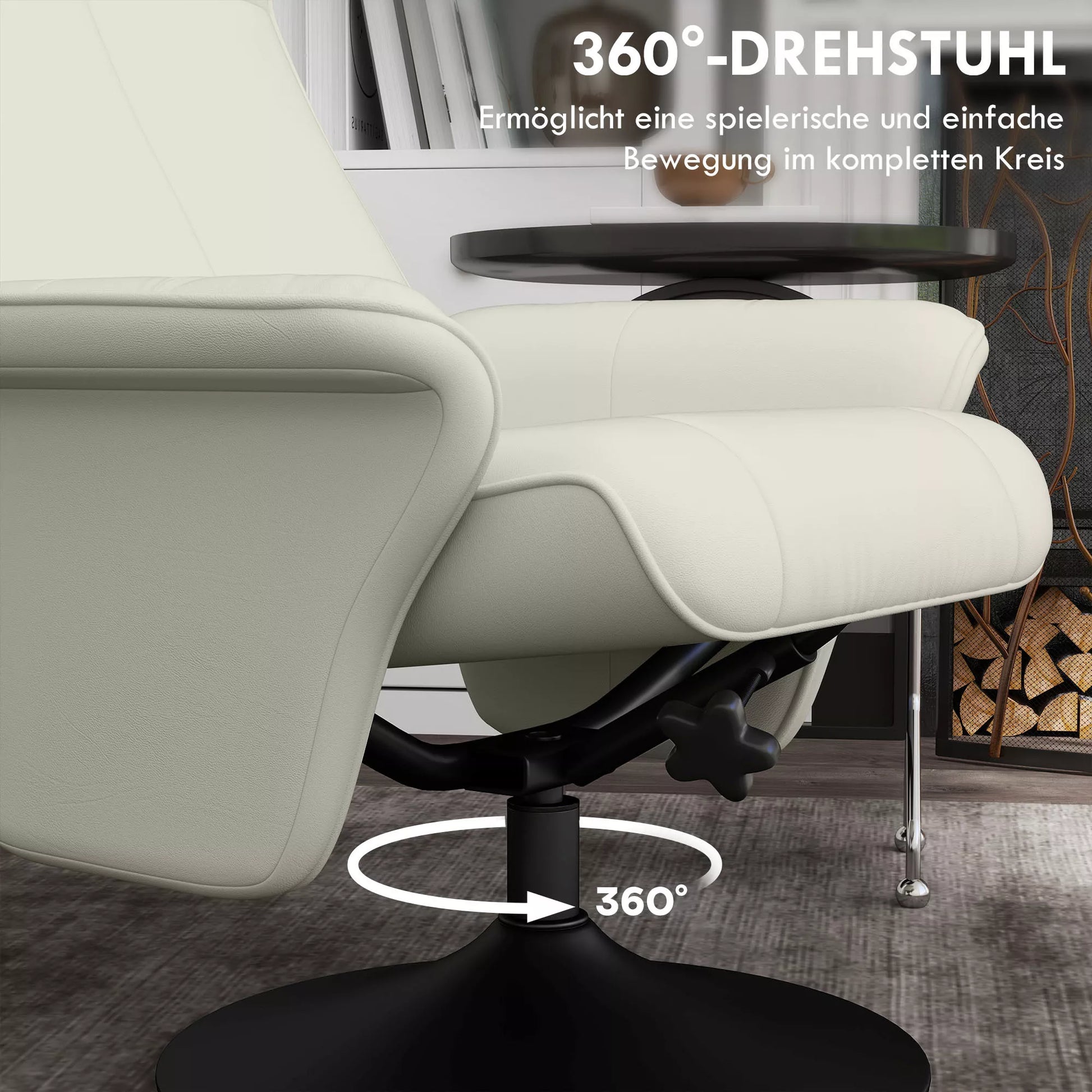 Sofa su atorama, televizijos kėdė su pakoja, besisukanti, ergonomiška, mikropluošto išvaizda, iki 150 kg, kreminės baltos spalvos