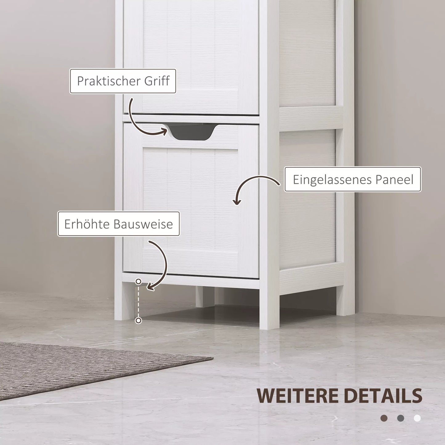 Vonios spintelė, 2 lentynos, 3 stalčiai, vandeniui atspari medžiaga, Balta