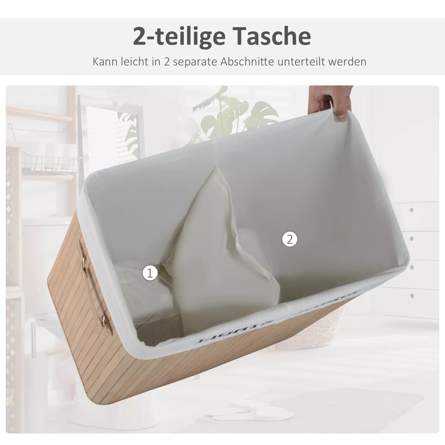 Bambukinė skalbinių dėžė su dangčiu, 100 L talpos, su PU rankenomis, drobinis skalbinių maišas, skalbinių rūšiuoklis skalbyklai, miegamajam, vonios kambariui, natūrali spalva