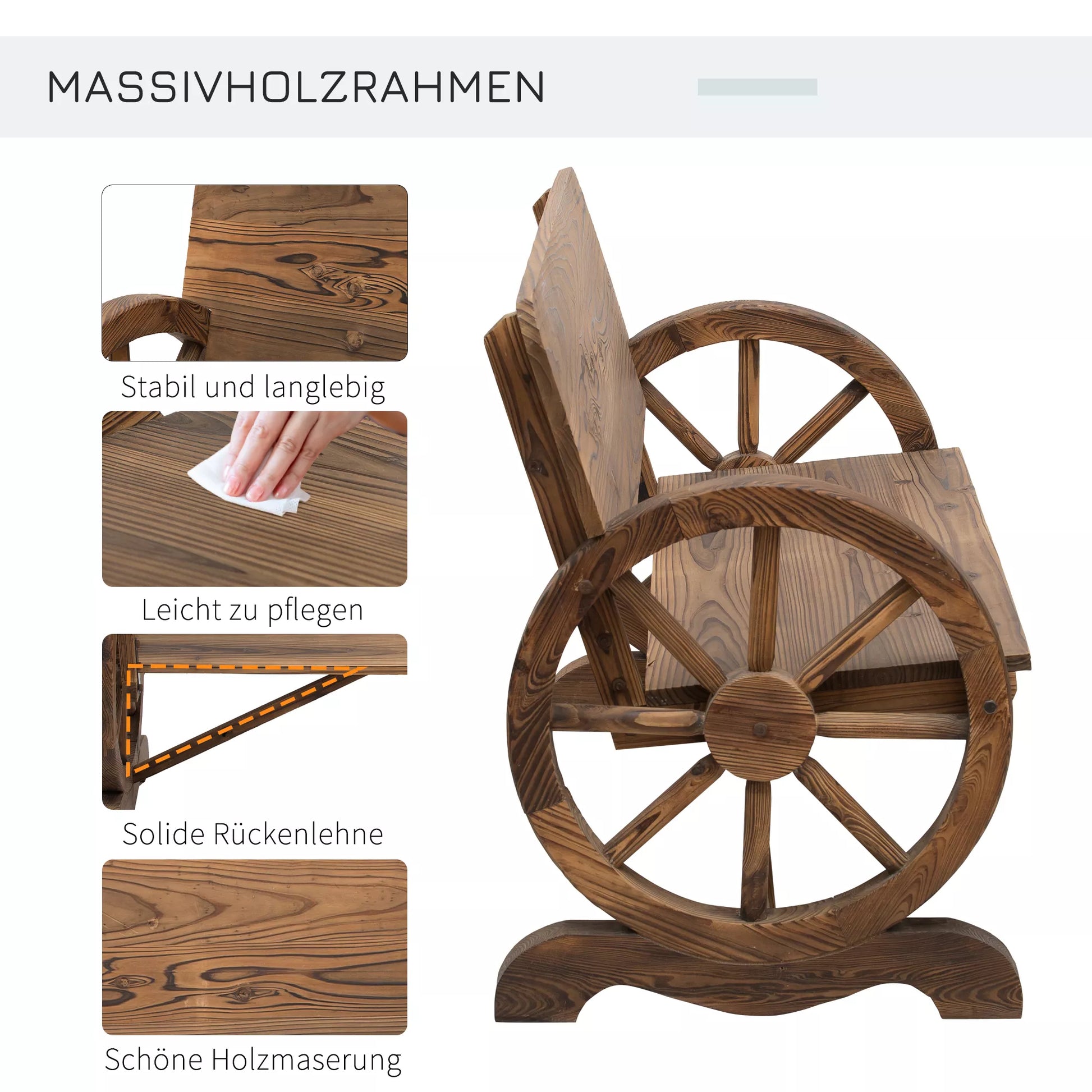 2-vietė sodo suolelė iš masyvios medienos su porankiais, suolelė su vežimėlio ratų dizainu, sodo baldai, atlaiko 250 kg svorį, rustikinis suolelis, 114 x 58 x 80 cm, rudos spalvos