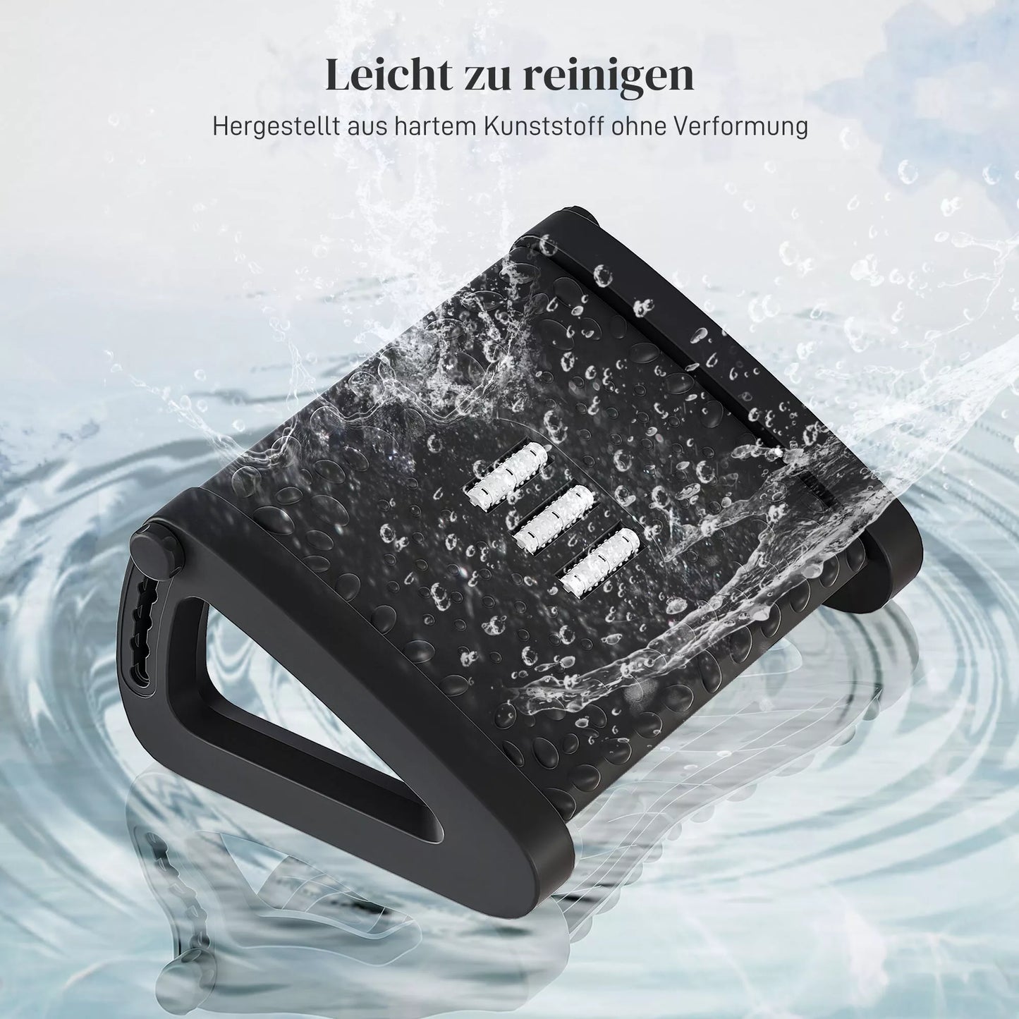 Kojų atrama stalui, aukščio reguliuojama pakoja su masažo paviršiumi ir ratukais, plastikas, juoda